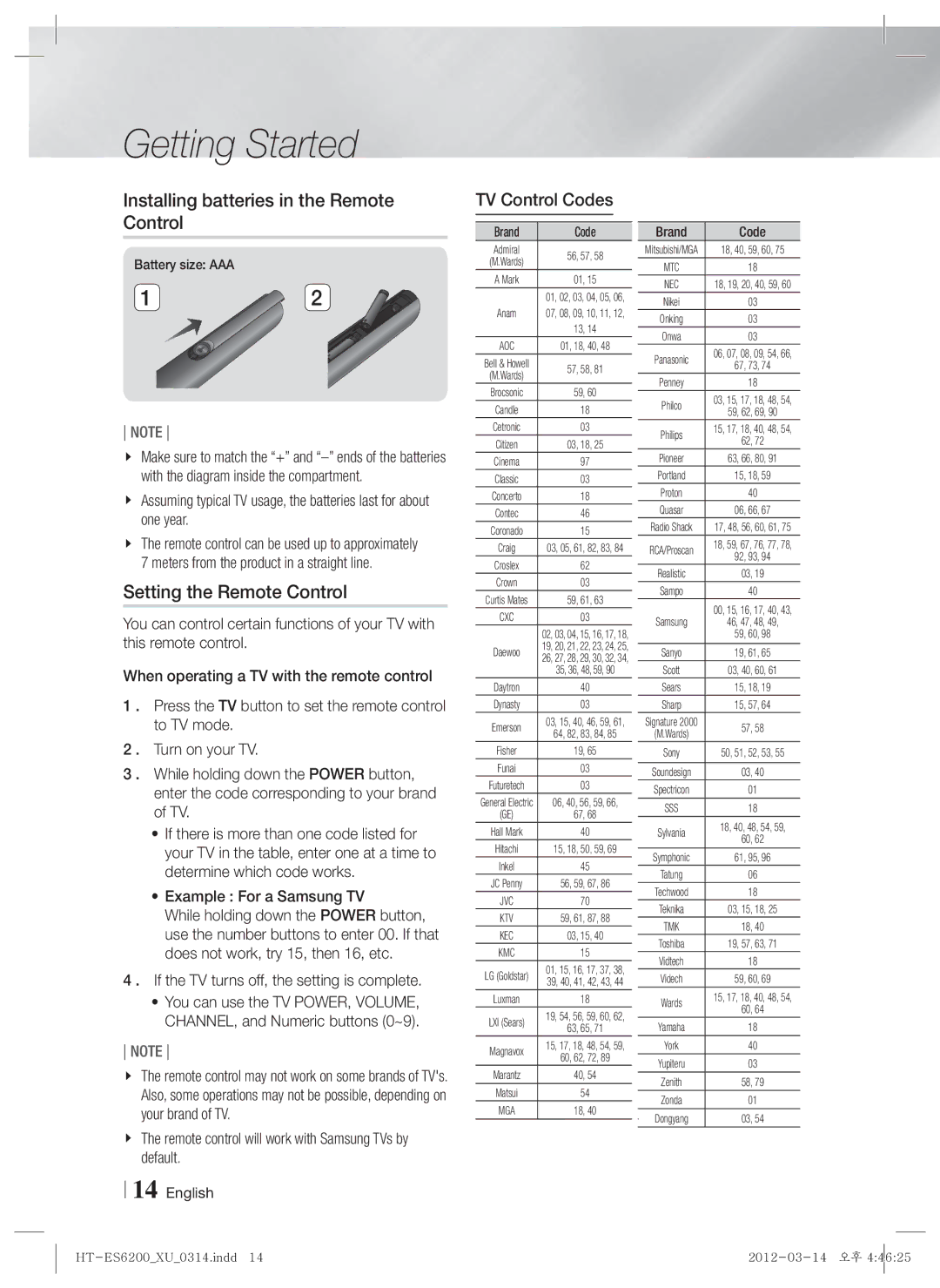 Samsung HT-ES6600/XE manual Installing batteries in the Remote Control, Setting the Remote Control, TV Control Codes 