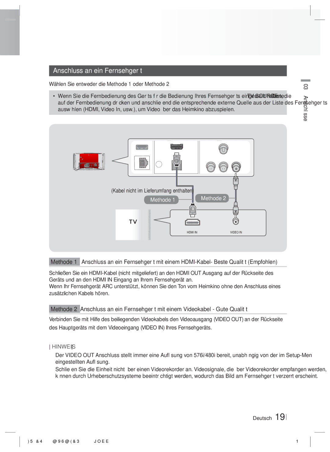 Samsung HT-ES6200/XE, HT-ES6200/XN manual Anschluss an ein Fernsehgerät, Wählen Sie entweder die Methode 1 oder Methode 