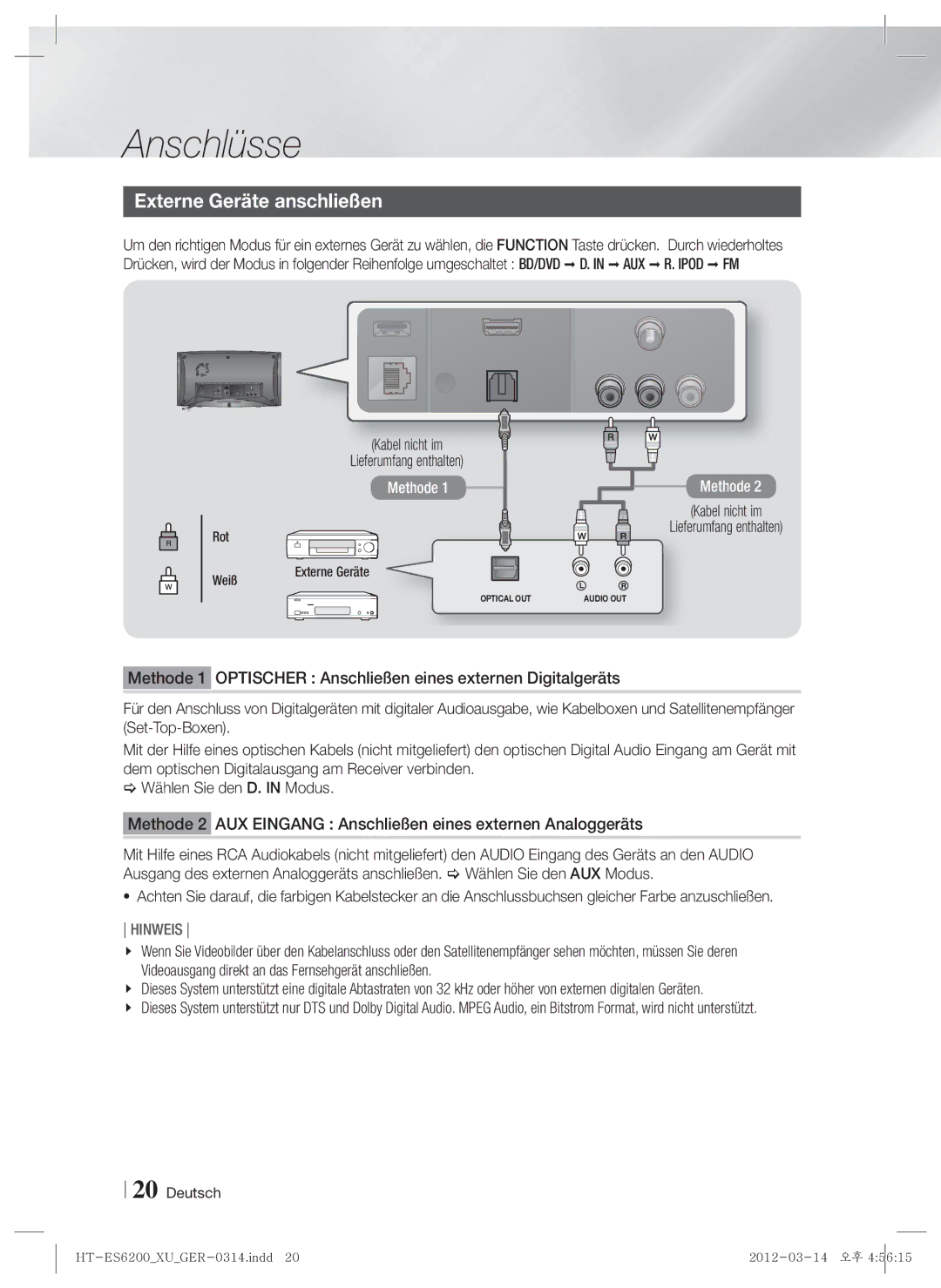 Samsung HT-ES6200/XN, HT-ES6600/XN, HT-ES6200/EN, HT-ES6600/EN manual Externe Geräte anschließen, Rot, Weiß Externe Geräte 