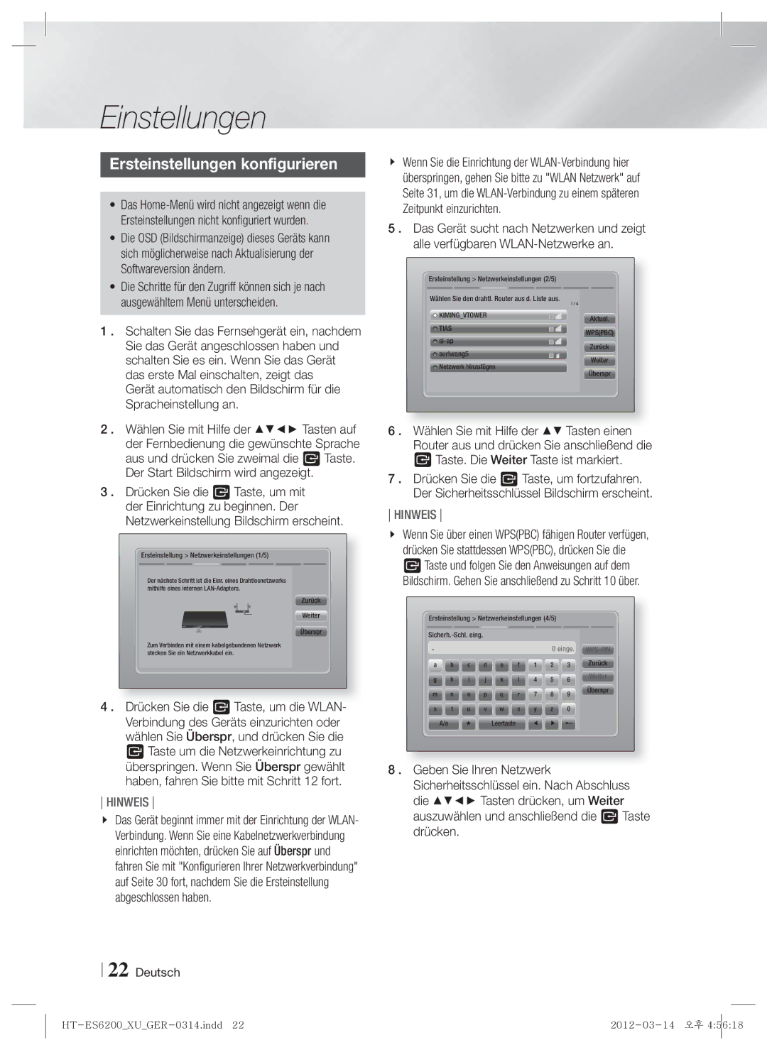 Samsung HT-ES6200/EN, HT-ES6200/XN, HT-ES6600/XN, HT-ES6600/EN, HT-ES6200/ZF Einstellungen, Ersteinstellungen konfigurieren 