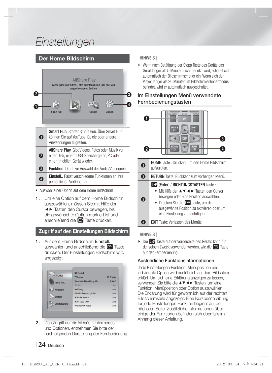 Samsung HT-ES6200/ZF, HT-ES6200/XN, HT-ES6600/XN Der Home Bildschirm, Im Einstellungen Menü verwendete Fernbedienungstasten 