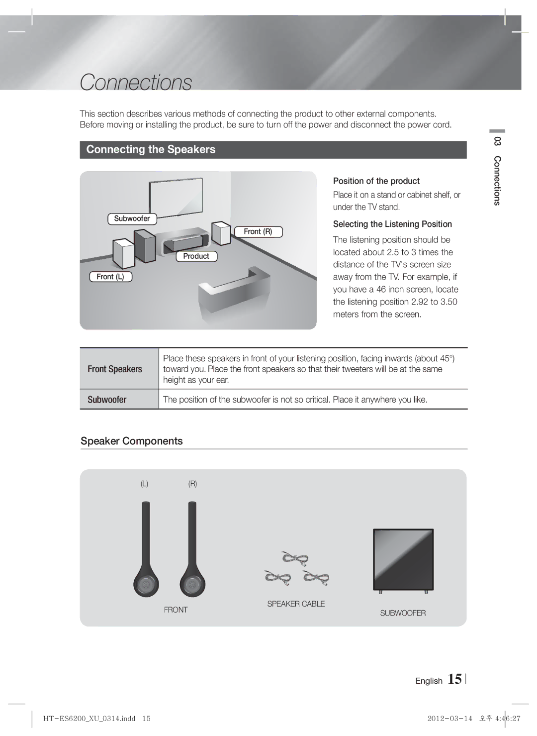 Samsung HT-ES6200/XE, HT-ES6200/XN, HT-ES6600/XN, HT-ES6200/EN manual Connections, Connecting the Speakers, Speaker Components 