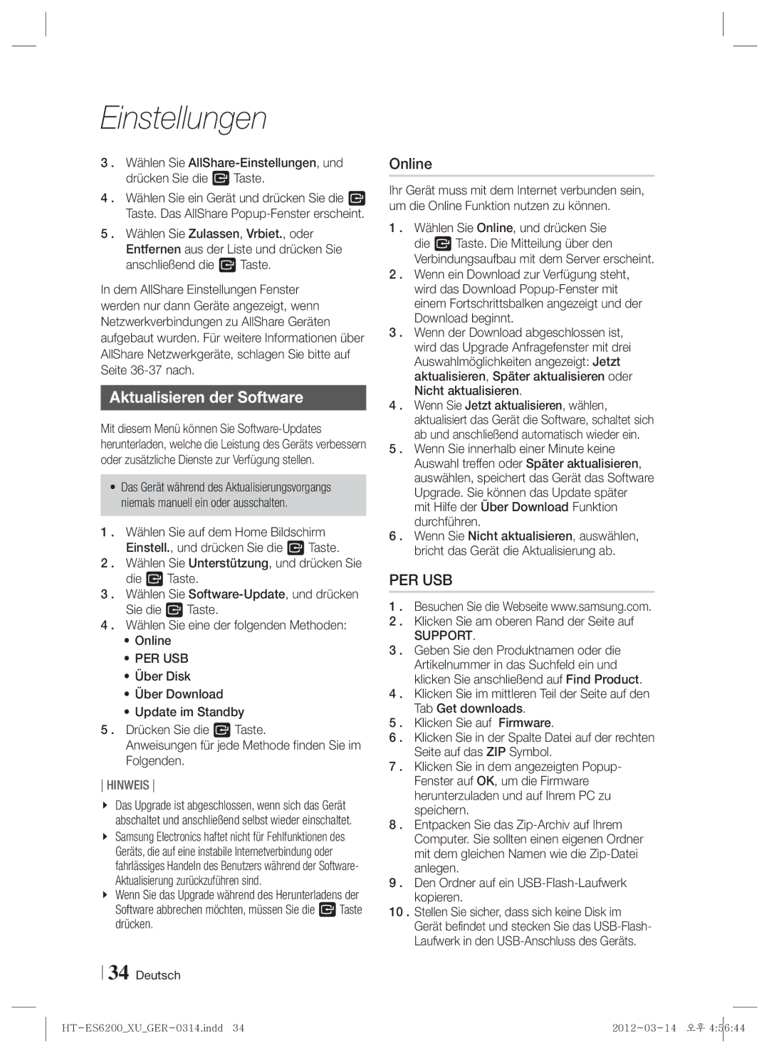 Samsung HT-ES6600/XE manual Aktualisieren der Software, Per Usb, Mit Hilfe der Über Download Funktion durchführen, Support 