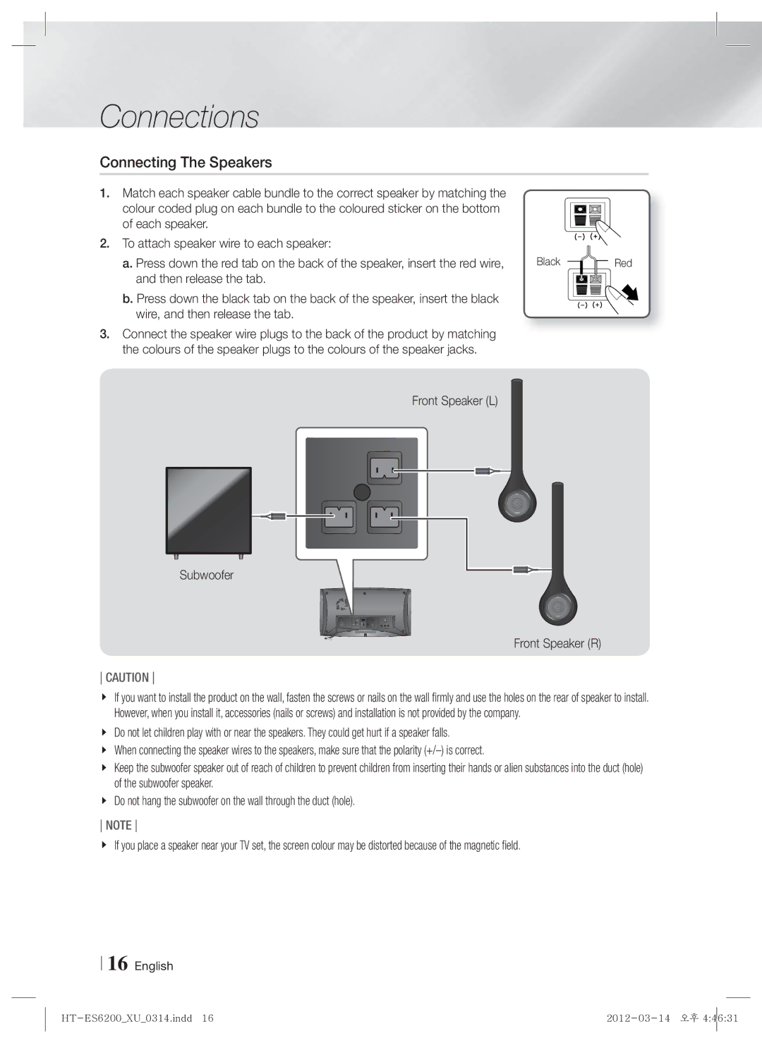 Samsung HT-ES6200/XN, HT-ES6600/XN, HT-ES6200/EN manual Connecting The Speakers, Front Speaker L, Front Speaker R, Red 