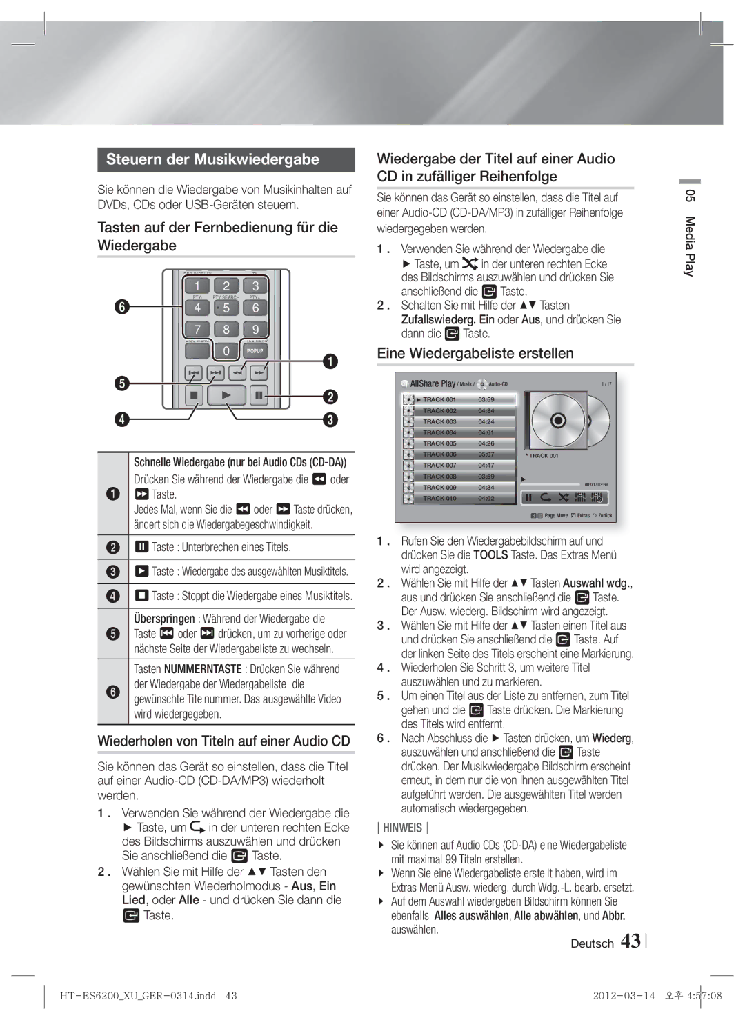 Samsung HT-ES6200/XE, HT-ES6200/XN manual Steuern der Musikwiedergabe, Tasten auf der Fernbedienung für die Wiedergabe 