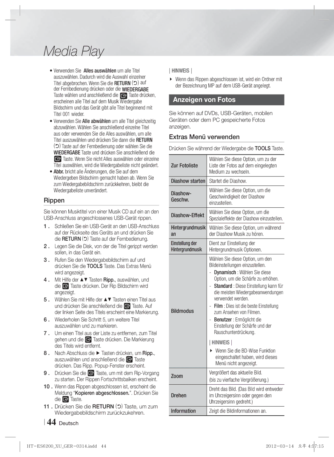 Samsung HT-ES6200/XN, HT-ES6600/XN, HT-ES6200/EN, HT-ES6600/EN, HT-ES6200/ZF, HT-ES6600/ZF manual Rippen, Anzeigen von Fotos 