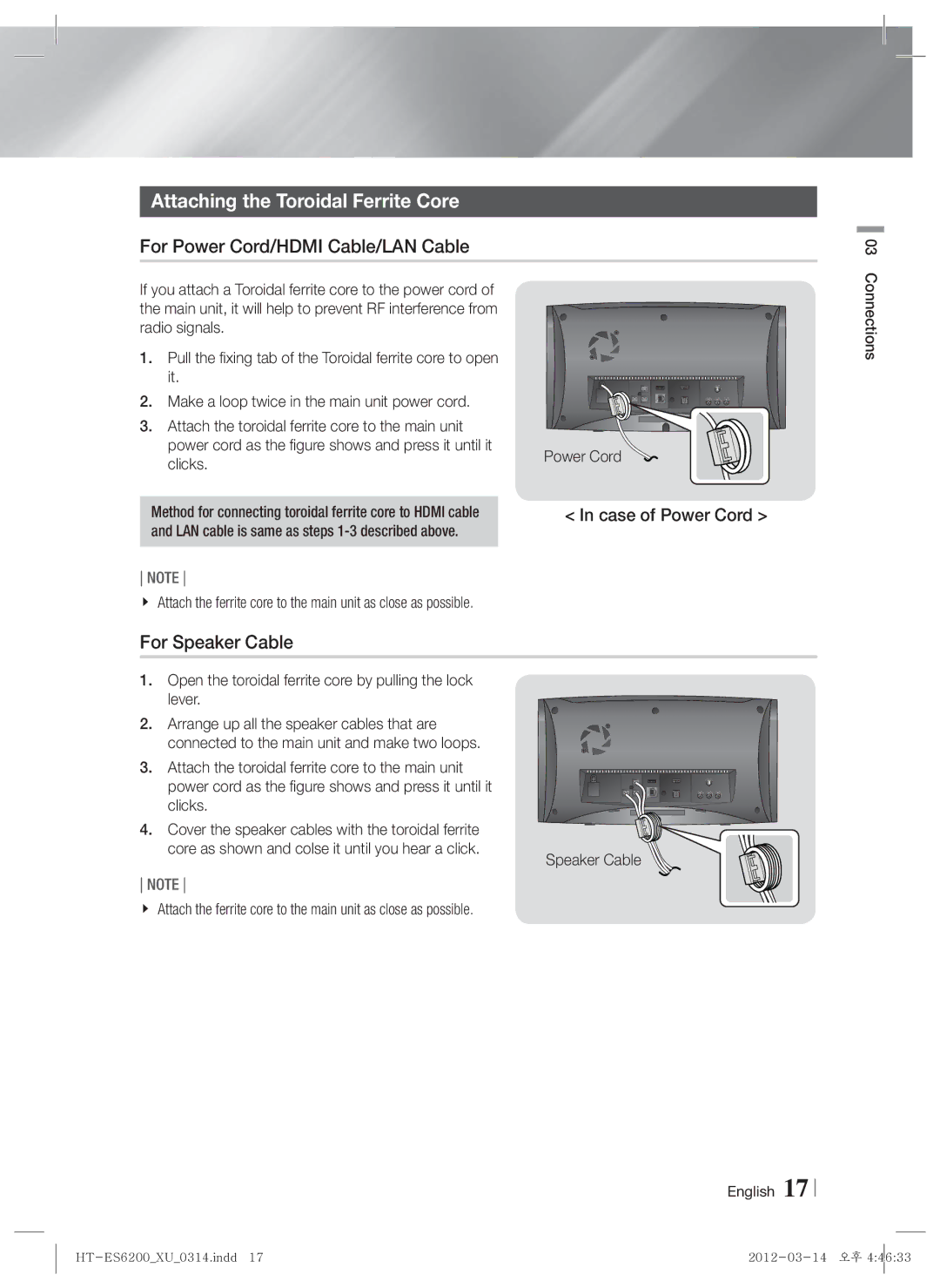 Samsung HT-ES6600/XN manual Attaching the Toroidal Ferrite Core, For Power Cord/HDMI Cable/LAN Cable, For Speaker Cable 