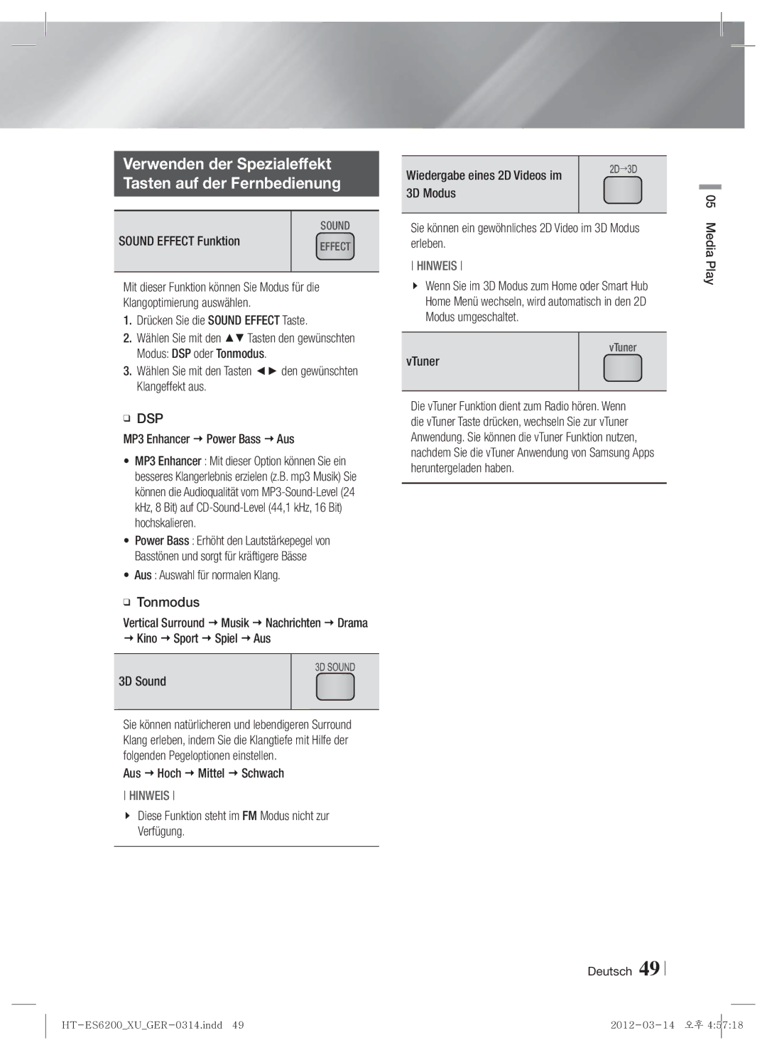 Samsung HT-ES6600/ZF, HT-ES6200/XN, HT-ES6600/XN, HT-ES6200/EN manual Verwenden der Spezialeffekt Tasten auf der Fernbedienung 