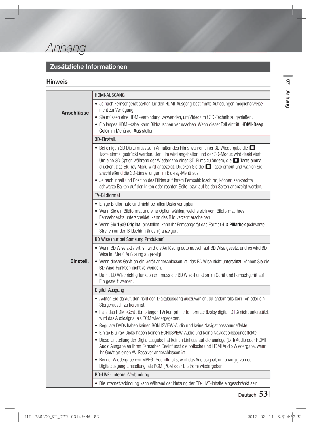 Samsung HT-ES6600/XN, HT-ES6200/XN, HT-ES6200/EN, HT-ES6600/EN manual Anhang, Zusätzliche Informationen, Hinweis, Hdmi-Ausgang 