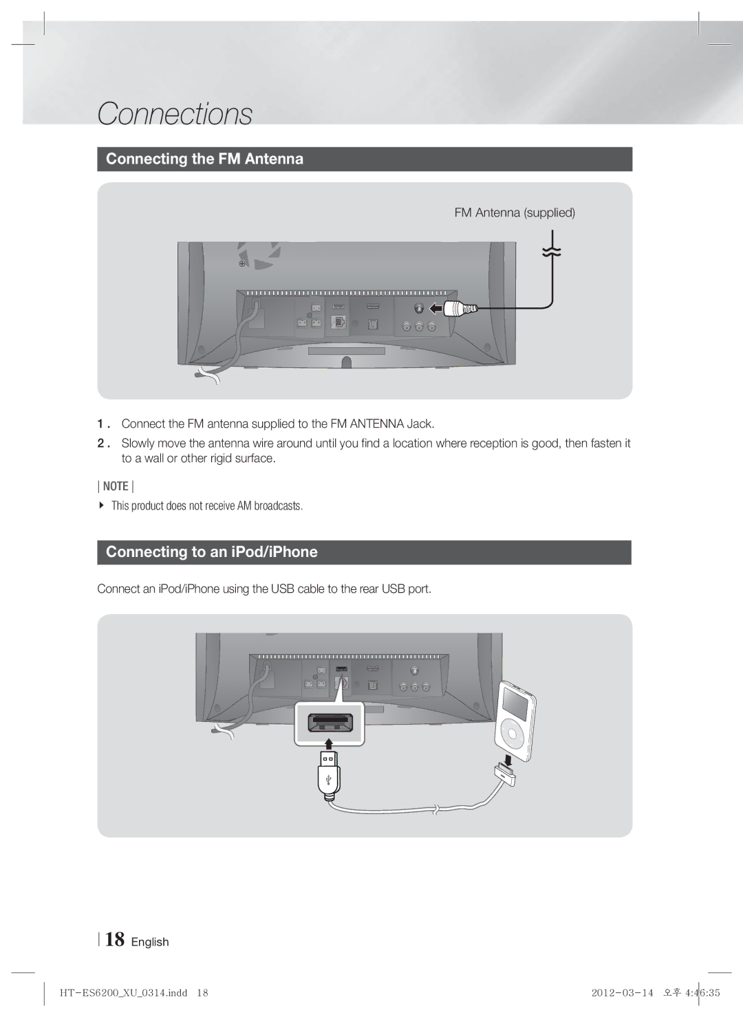 Samsung HT-ES6200/EN, HT-ES6200/XN, HT-ES6600/XN, HT-ES6600/EN manual Connecting the FM Antenna, Connecting to an iPod/iPhone 