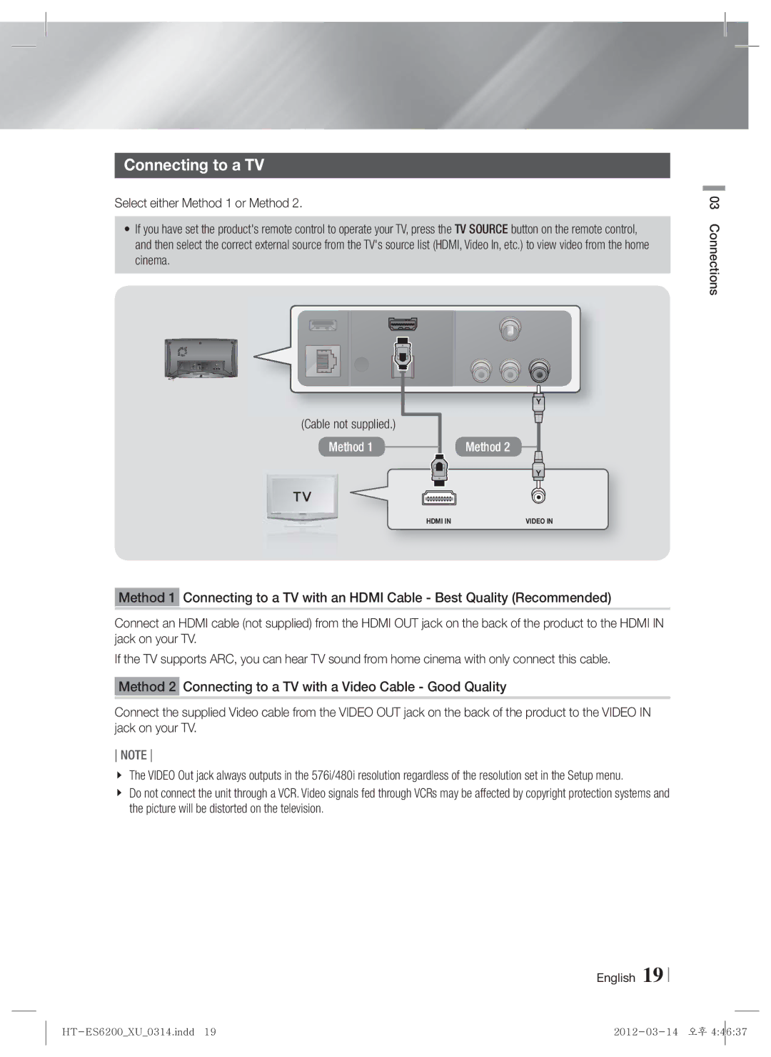 Samsung HT-ES6600/EN, HT-ES6200/XN, HT-ES6600/XN, HT-ES6200/EN, HT-ES6200/ZF manual Connecting to a TV, English Connections 