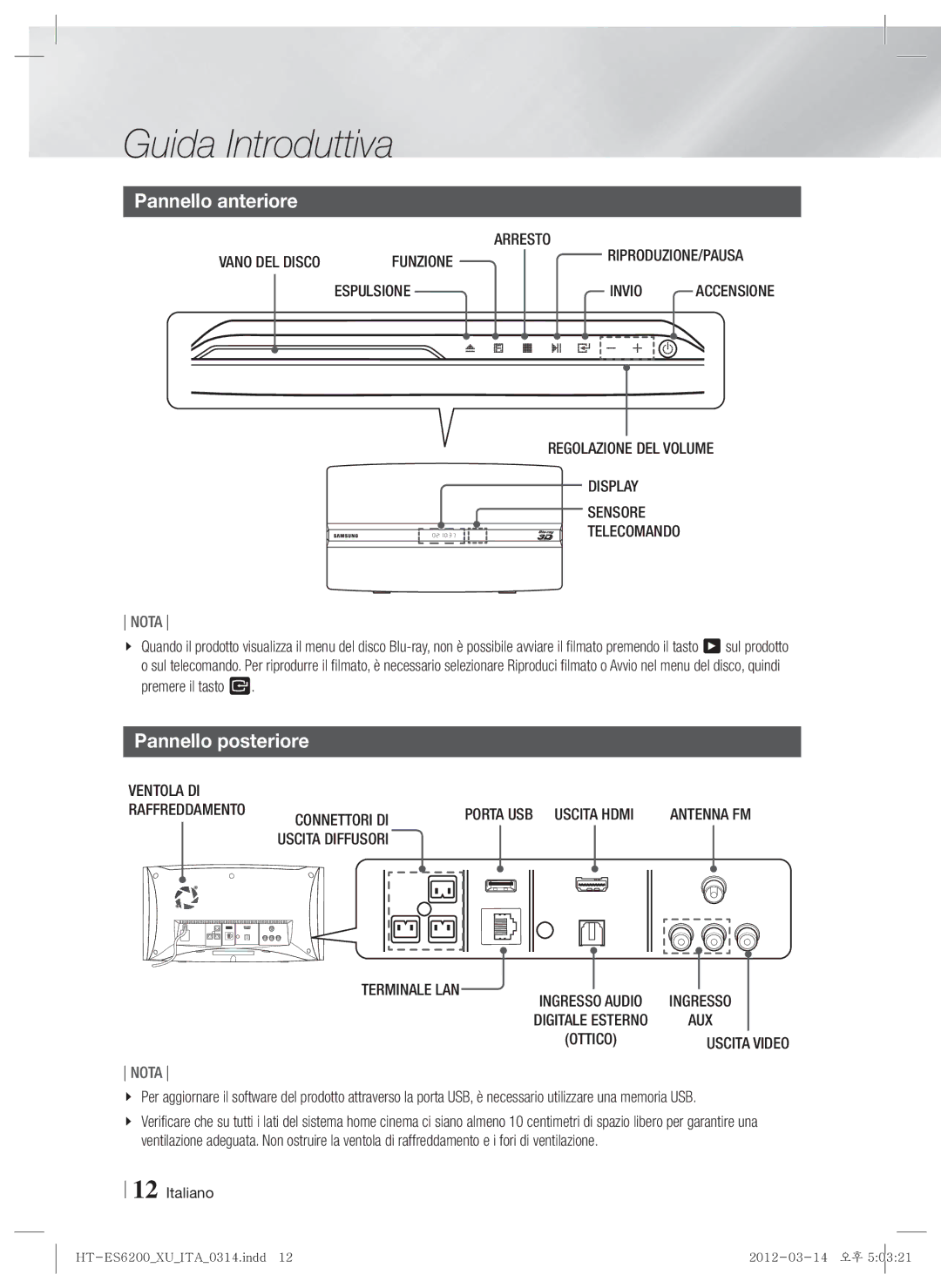 Samsung HT-ES6600/XE, HT-ES6200/XN, HT-ES6600/XN, HT-ES6200/EN, HT-ES6600/EN manual Pannello anteriore, Pannello posteriore 