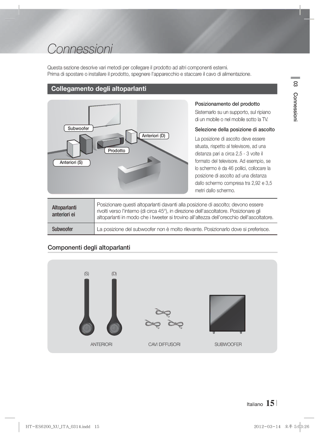 Samsung HT-ES6600/XN, HT-ES6200/XN manual Connessioni, Collegamento degli altoparlanti, Componenti degli altoparlanti 