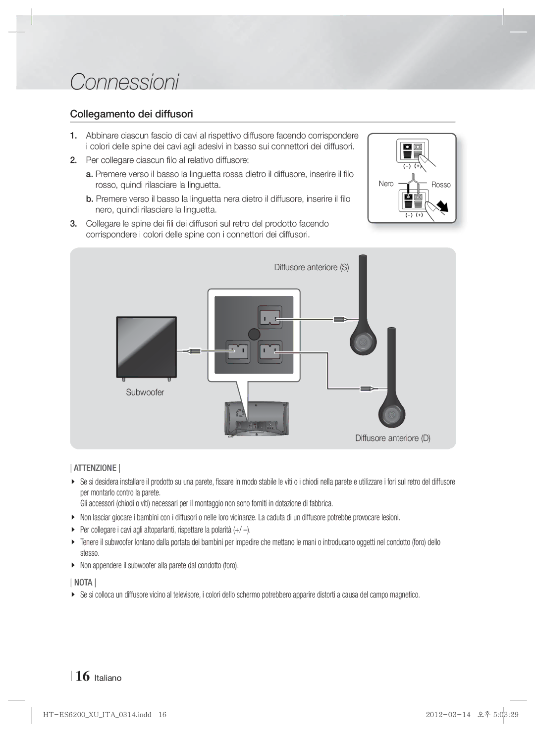 Samsung HT-ES6200/EN, HT-ES6200/XN, HT-ES6600/XN Collegamento dei diffusori, Diffusore anteriore S, Diffusore anteriore D 