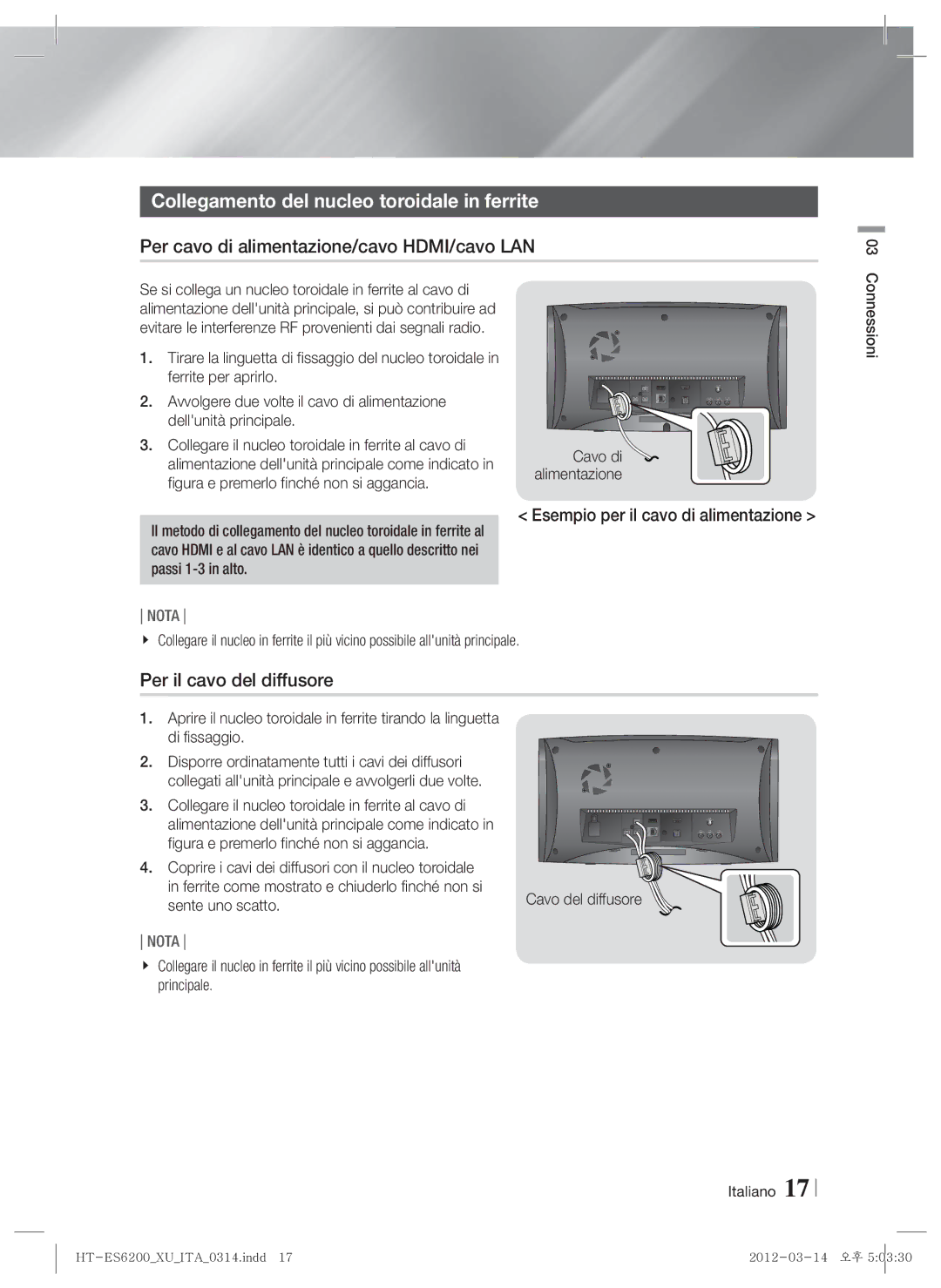 Samsung HT-ES6600/EN manual Collegamento del nucleo toroidale in ferrite, Per cavo di alimentazione/cavo HDMI/cavo LAN 