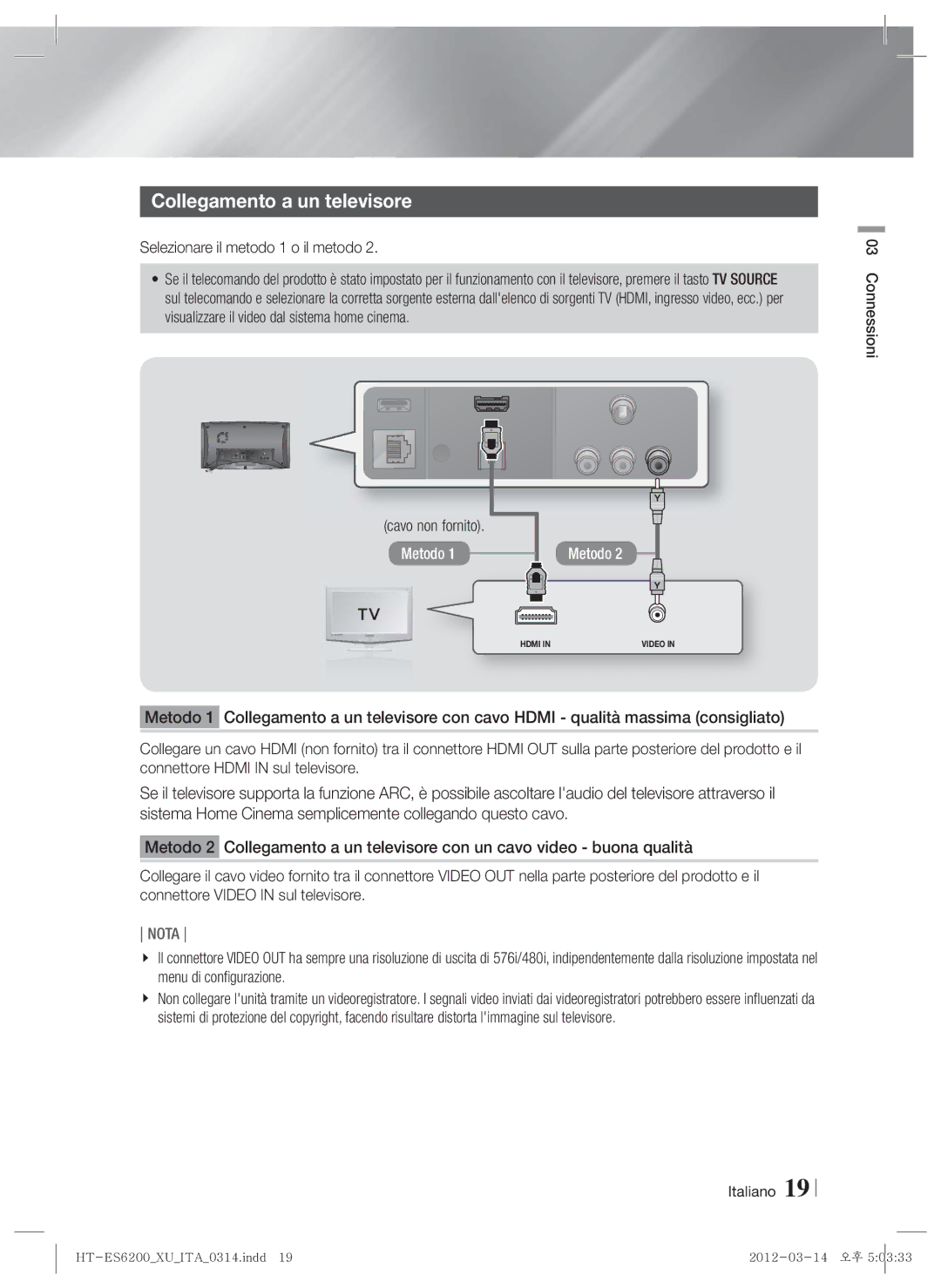 Samsung HT-ES6600/ZF, HT-ES6200/XN Collegamento a un televisore, Selezionare il metodo 1 o il metodo, Cavo non fornito 