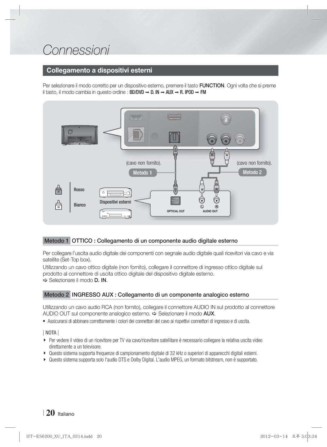 Samsung HT-ES6600/XE, HT-ES6200/XN, HT-ES6600/XN manual Collegamento a dispositivi esterni, Rosso Bianco, Dispositivi esterni 