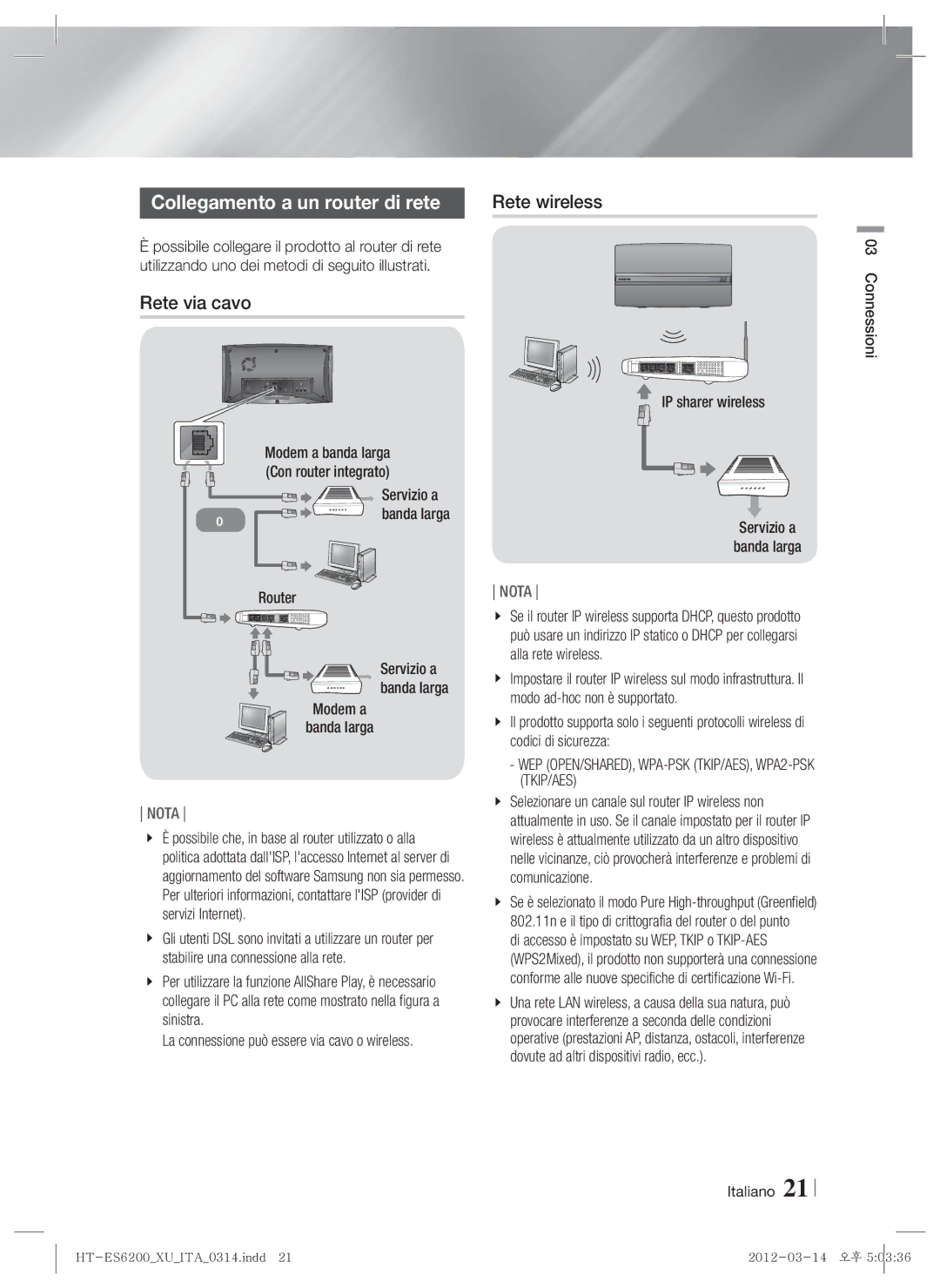 Samsung HT-ES6200/XE, HT-ES6200/XN manual Collegamento a un router di rete, Rete via cavo, Router Servizio a Banda larga 