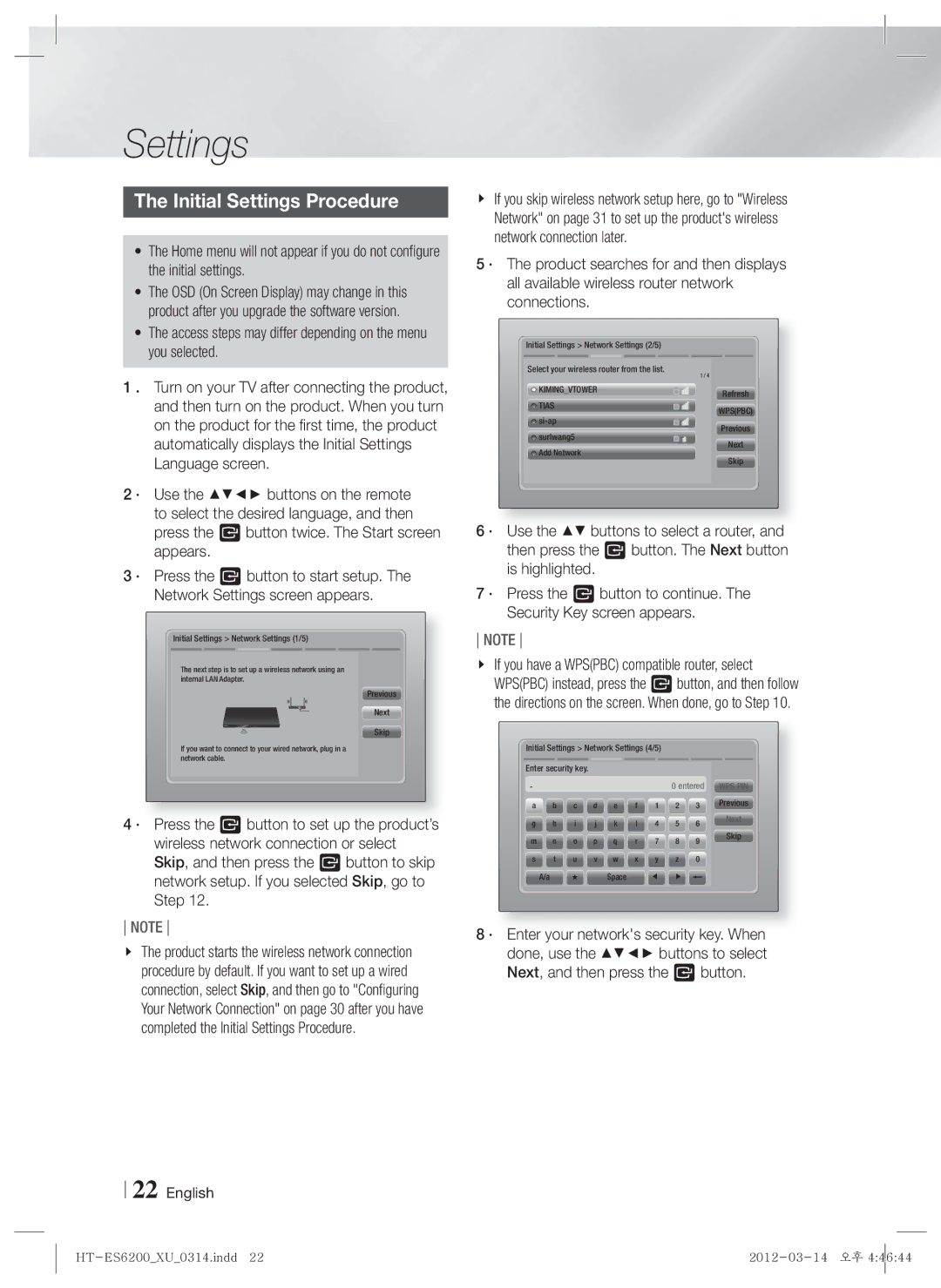 Samsung HT-ES6600/XE manual Initial Settings Procedure, Access steps may differ depending on the menu you selected 