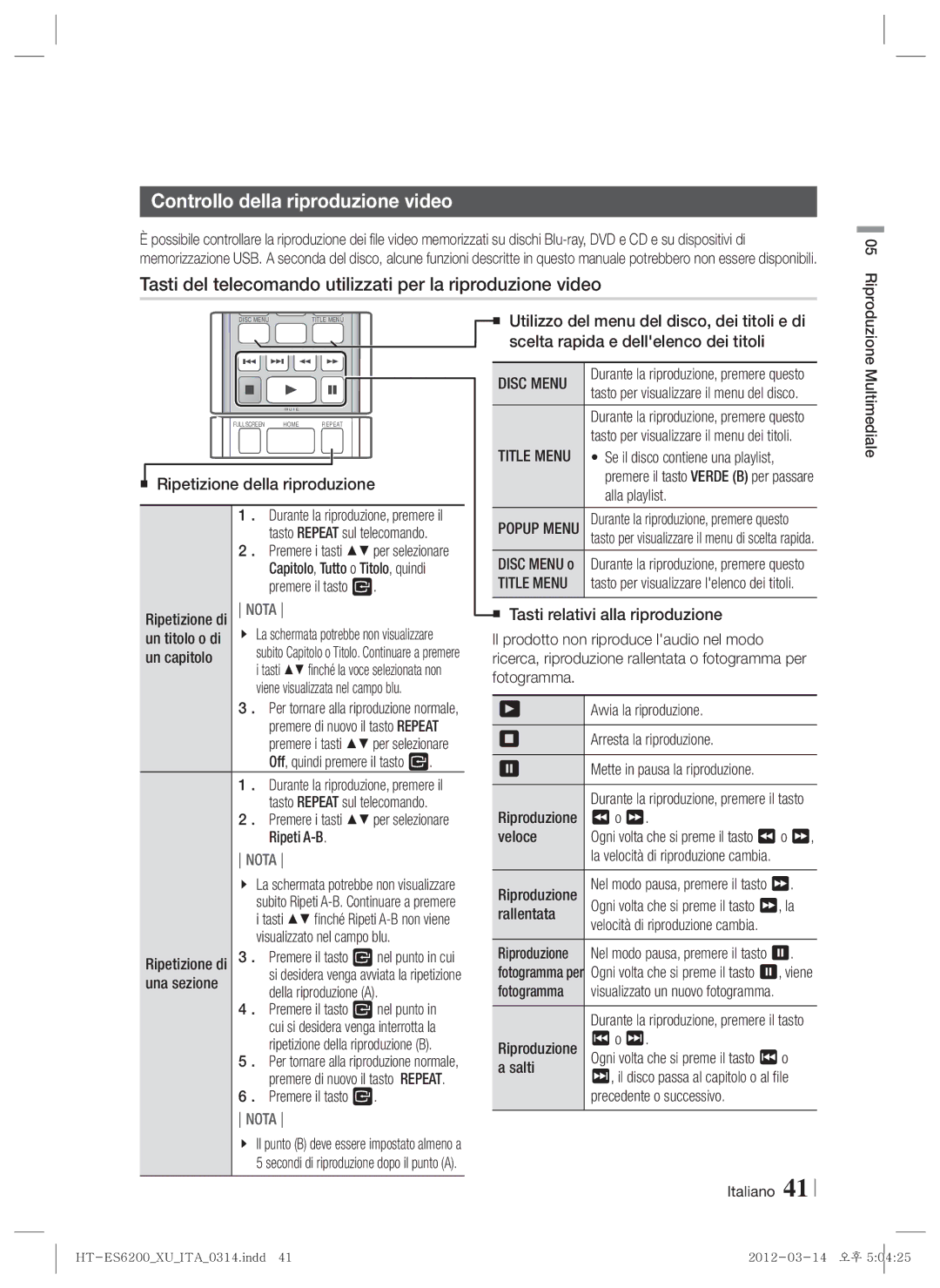 Samsung HT-ES6600/EN manual Controllo della riproduzione video, Tasti del telecomando utilizzati per la riproduzione video 