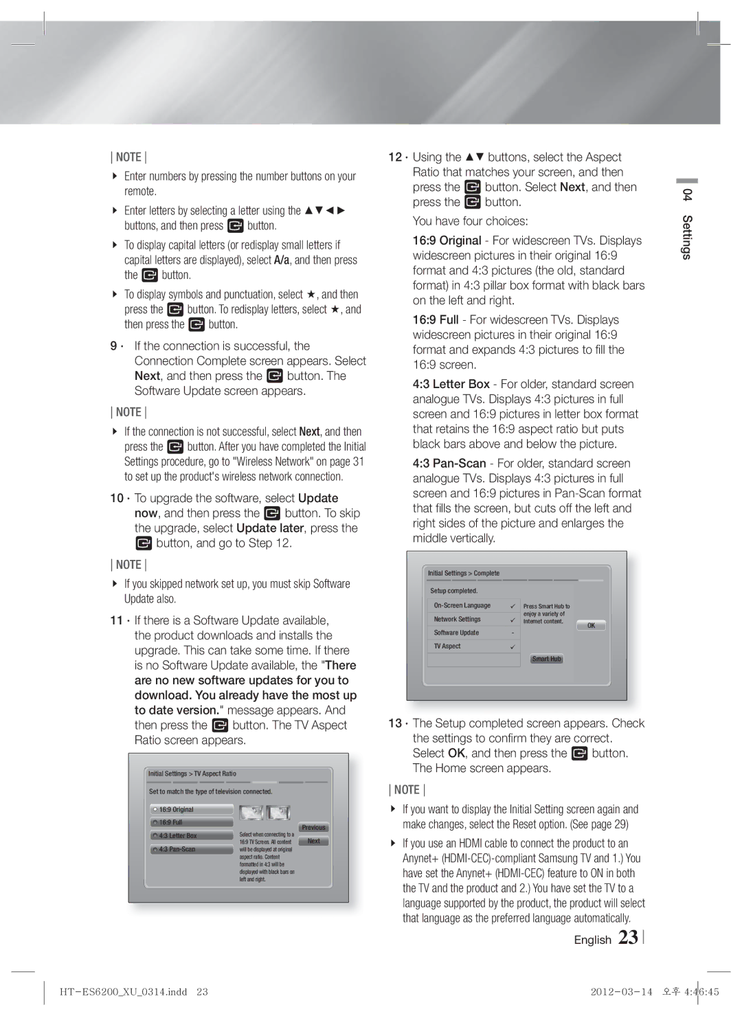 Samsung HT-ES6200/XE, HT-ES6200/XN, HT-ES6600/XN manual Enter numbers by pressing the number buttons on your remote, Settings 