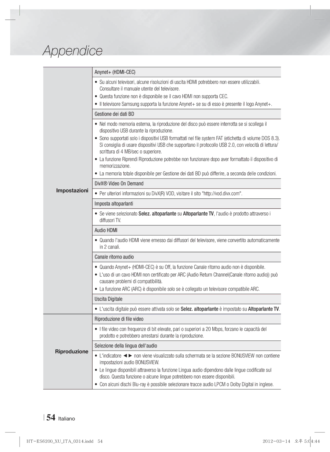 Samsung HT-ES6200/XN, HT-ES6600/XN, HT-ES6200/EN, HT-ES6600/EN manual Impostazioni Riproduzione, Riproduzione di file video 