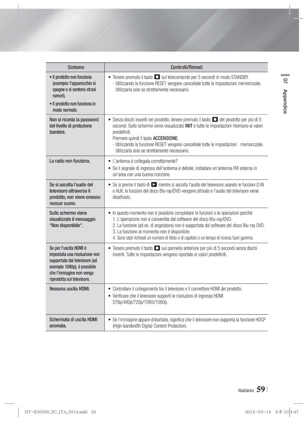 Samsung HT-ES6600/ZF manual Sintomo Controlli/Rimedi, Utilizzarla solo se strettamente necessario, Rumori, Modo normale 