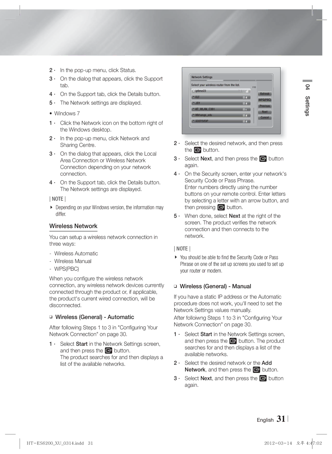 Samsung HT-ES6200/XE, HT-ES6200/XN, HT-ES6600/XN, HT-ES6200/EN manual Wireless Network, Wpspbc, Wireless General Manual 