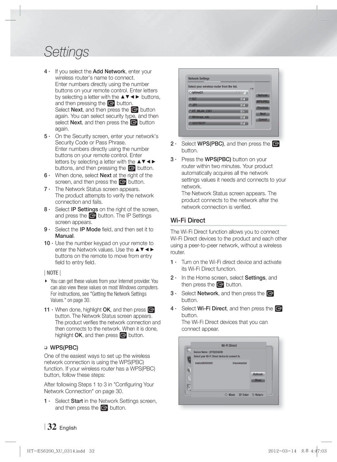 Samsung HT-ES6200/XN, HT-ES6600/XN, HT-ES6200/EN, HT-ES6600/EN, HT-ES6200/ZF, HT-ES6600/ZF, HT-ES6600/XE manual Wi-Fi Direct 