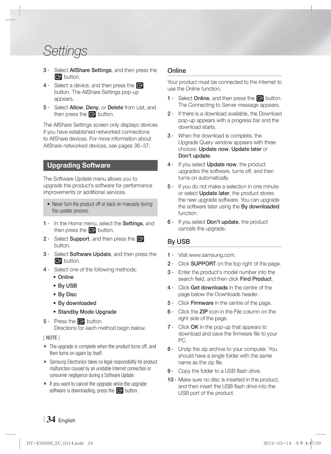 Samsung HT-ES6200/EN, HT-ES6200/XN, HT-ES6600/XN manual Upgrading Software, Online, By USB, · Click Support on the top right 