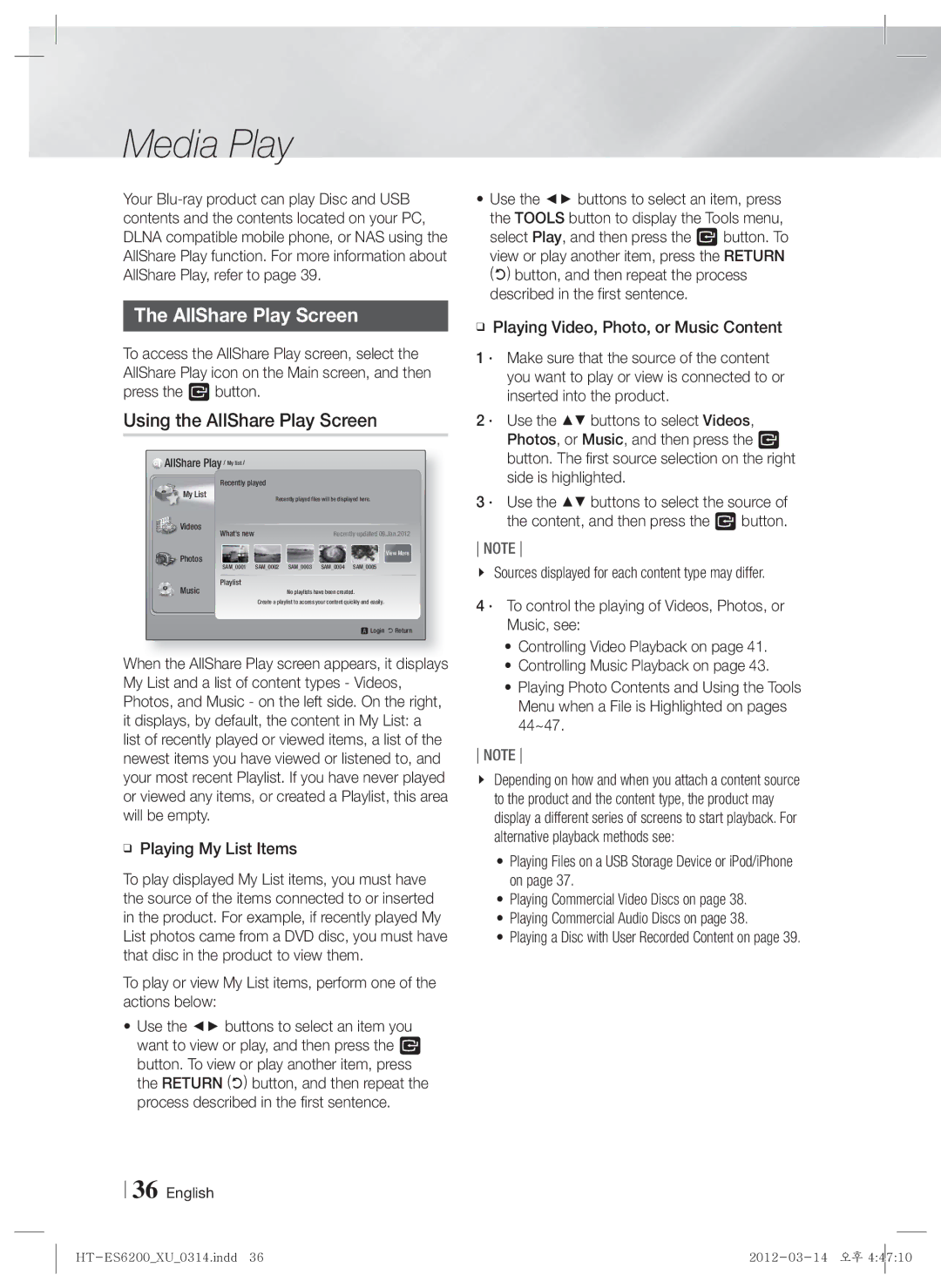 Samsung HT-ES6200/ZF, HT-ES6200/XN, HT-ES6600/XN manual Media Play, Using the AllShare Play Screen, Playing My List Items 