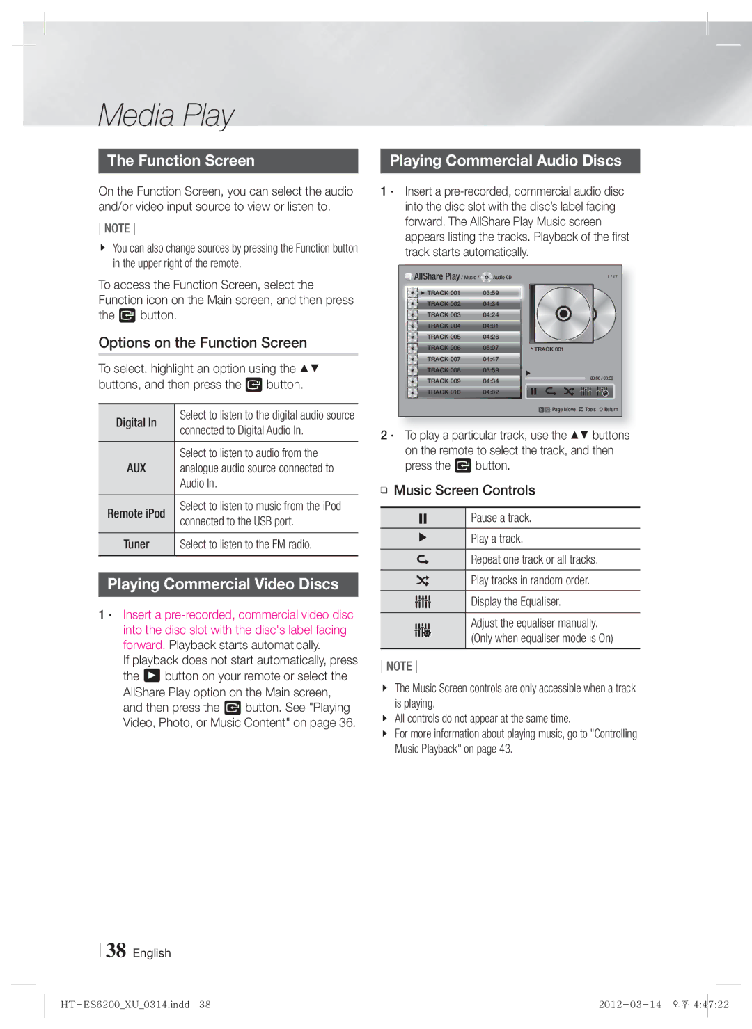 Samsung HT-ES6600/XE Options on the Function Screen, Playing Commercial Audio Discs, Playing Commercial Video Discs 