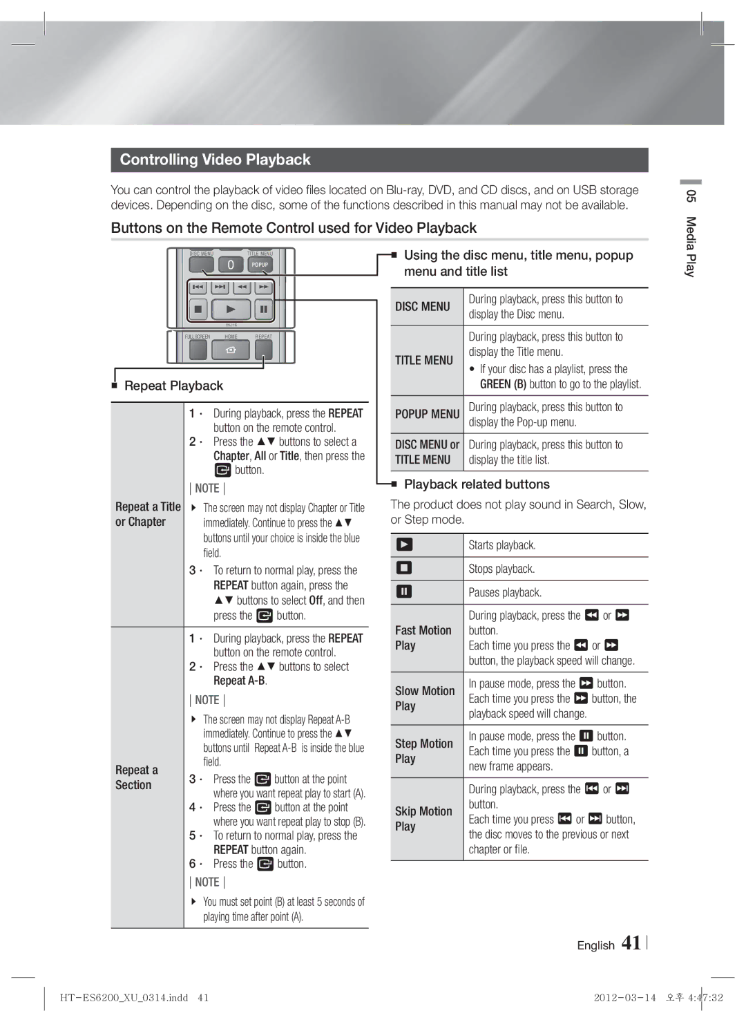 Samsung HT-ES6600/XN manual Controlling Video Playback, Buttons on the Remote Control used for Video Playback, Disc Menu 