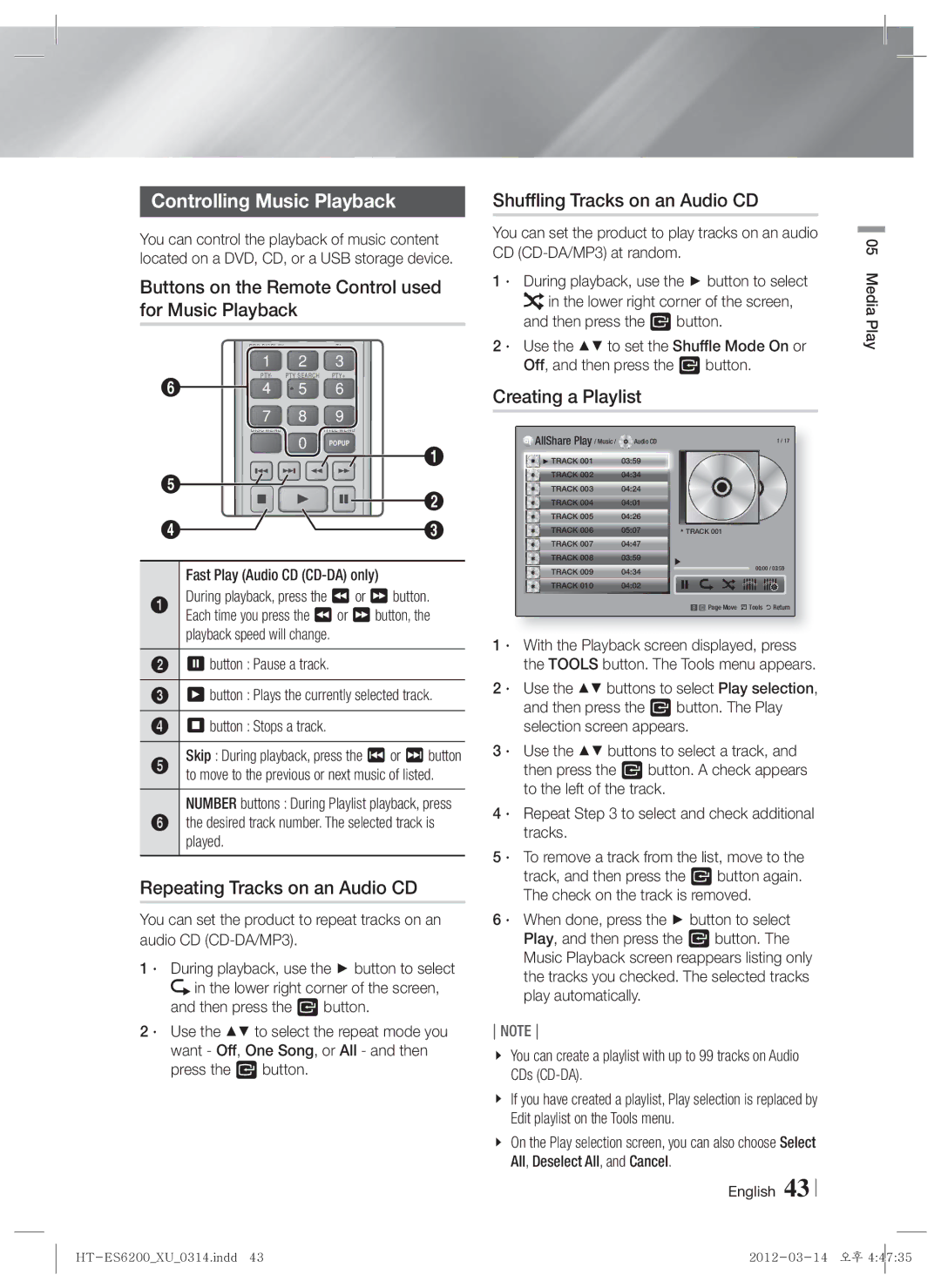 Samsung HT-ES6600/EN, HT-ES6200/XN manual Controlling Music Playback, Buttons on the Remote Control used for Music Playback 