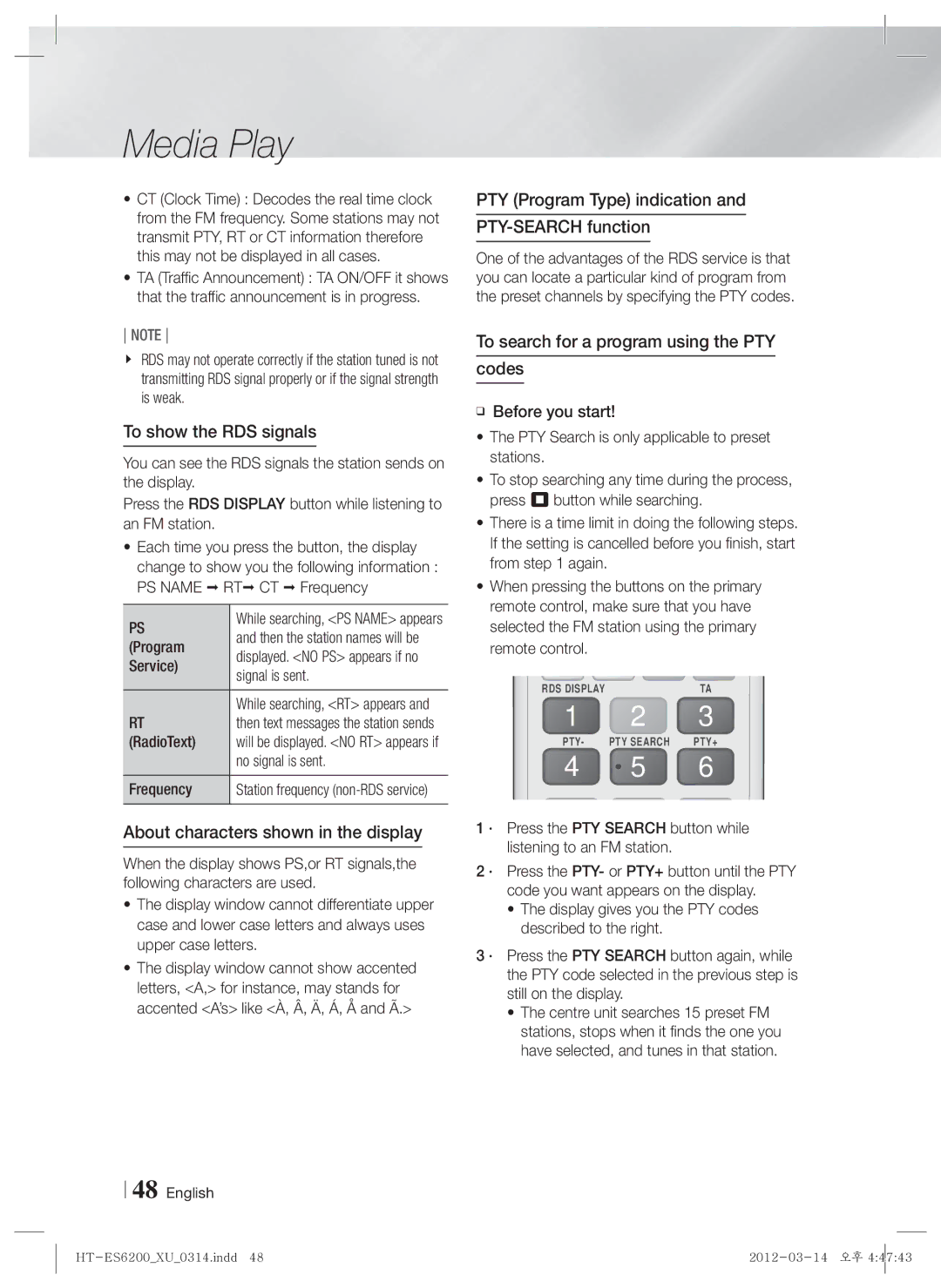 Samsung HT-ES6200/XN, HT-ES6600/XN, HT-ES6200/EN manual To show the RDS signals, About characters shown in the display 