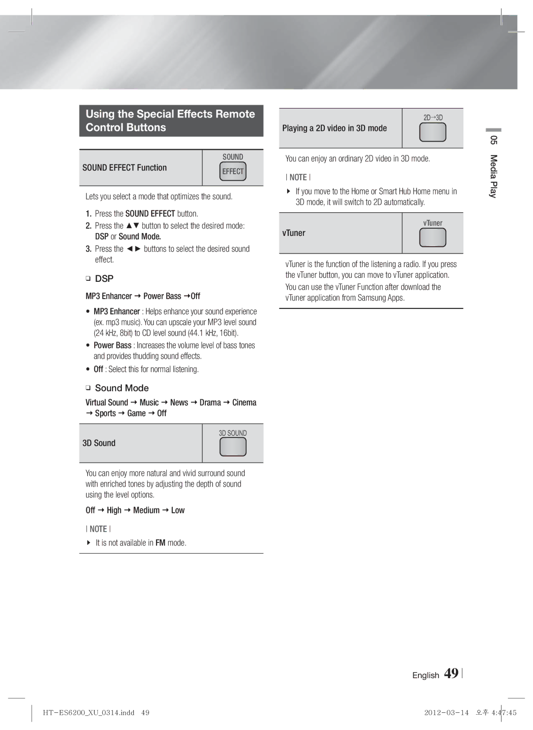 Samsung HT-ES6600/XN, HT-ES6200/XN, HT-ES6200/EN, HT-ES6600/EN manual Using the Special Effects Remote Control Buttons, Dsp 