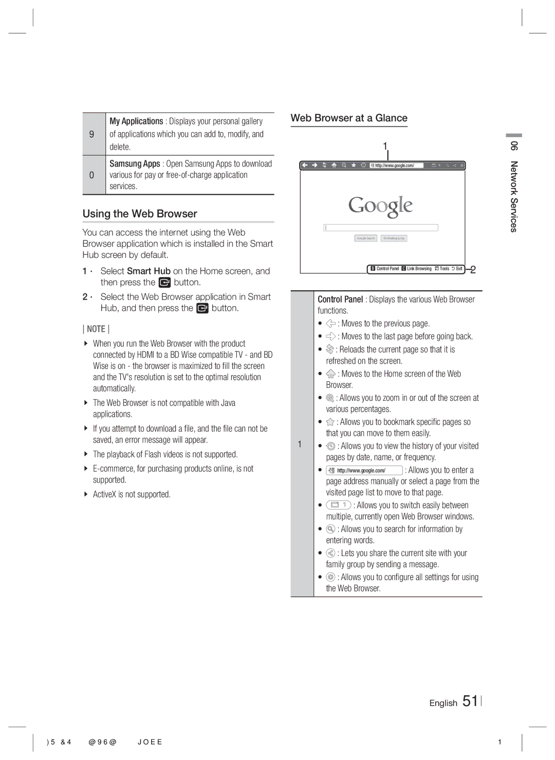 Samsung HT-ES6600/EN, HT-ES6200/XN, HT-ES6600/XN, HT-ES6200/EN, HT-ES6200/ZF Using the Web Browser, Web Browser at a Glance 