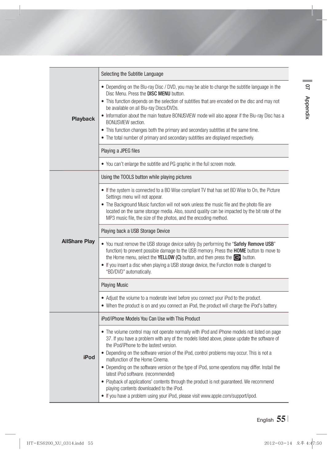 Samsung HT-ES6200/XE, HT-ES6200/XN, HT-ES6600/XN, HT-ES6200/EN, HT-ES6600/EN, HT-ES6200/ZF, HT-ES6600/ZF manual Playback, IPod 