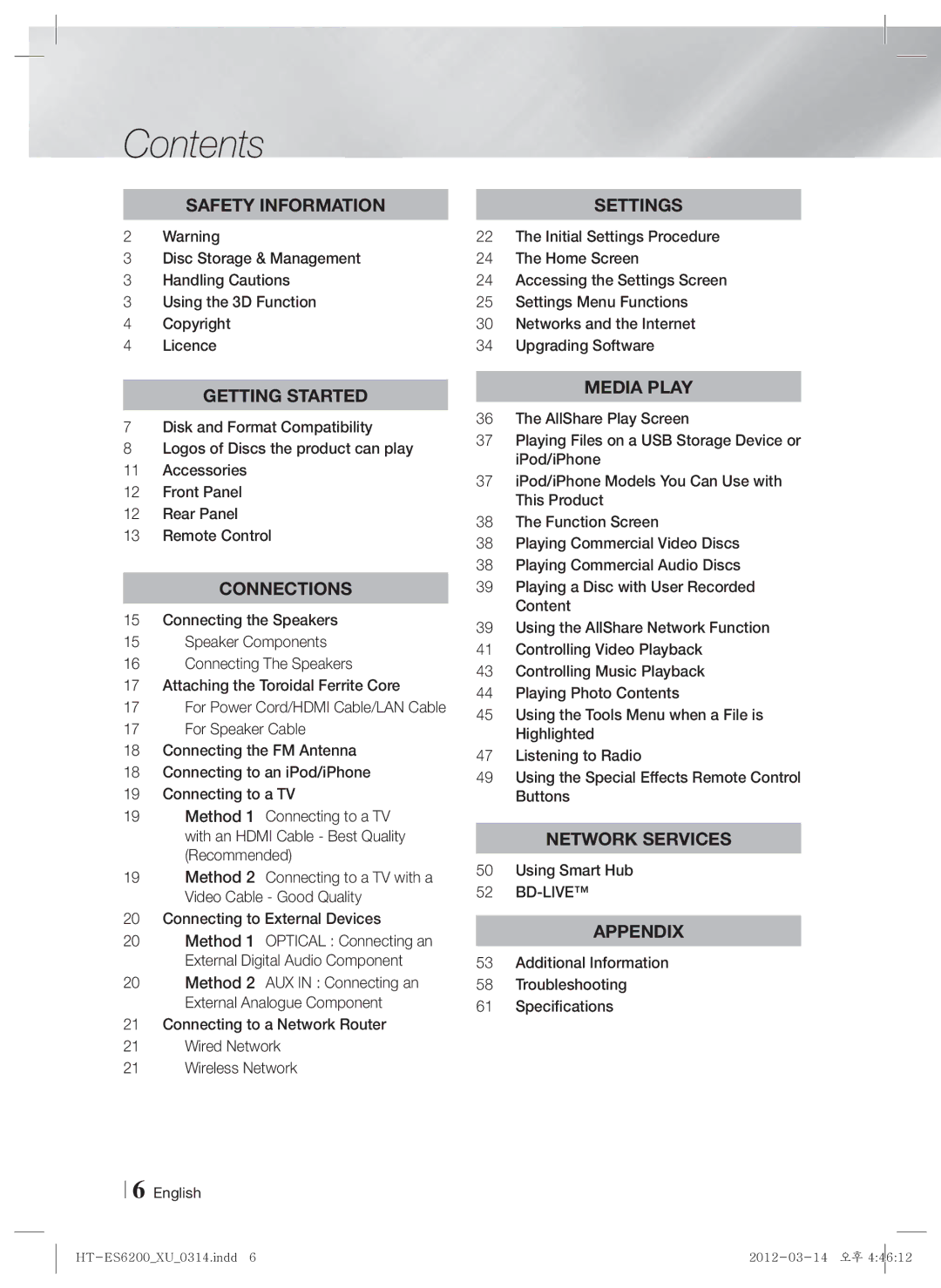 Samsung HT-ES6600/XE, HT-ES6200/XN, HT-ES6600/XN, HT-ES6200/EN, HT-ES6600/EN, HT-ES6200/ZF, HT-ES6600/ZF, HT-ES6200/XE Contents 