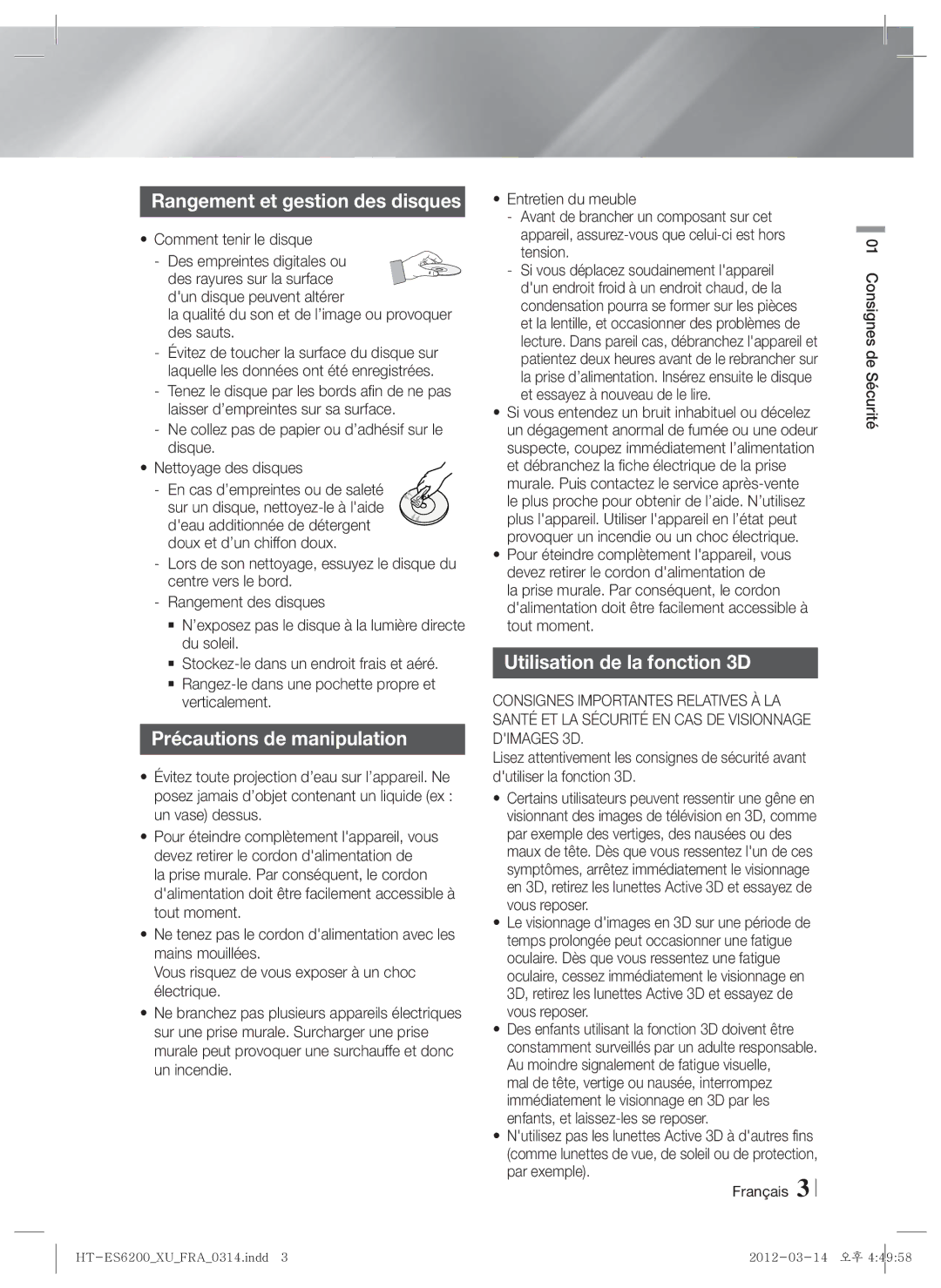 Samsung HT-ES6600/XN manual Rangement et gestion des disques, Précautions de manipulation, Utilisation de la fonction 3D 