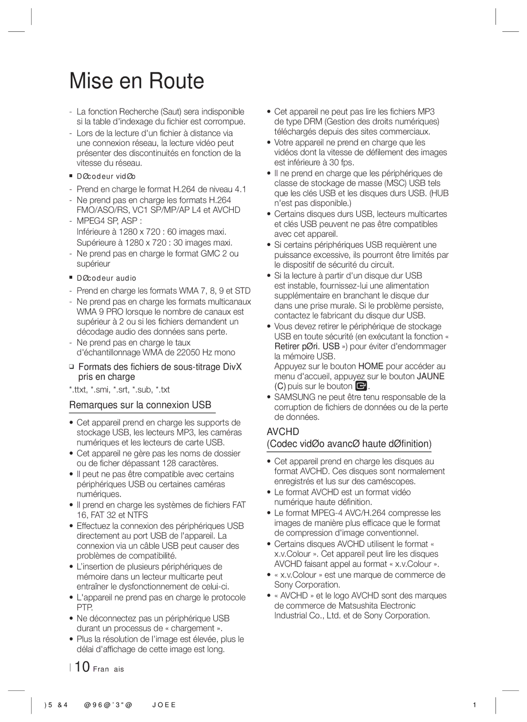 Samsung HT-ES6200/XN, HT-ES6600/XN, HT-ES6200/EN manual Remarques sur la connexion USB, Codec vidéo avancé haute définition 