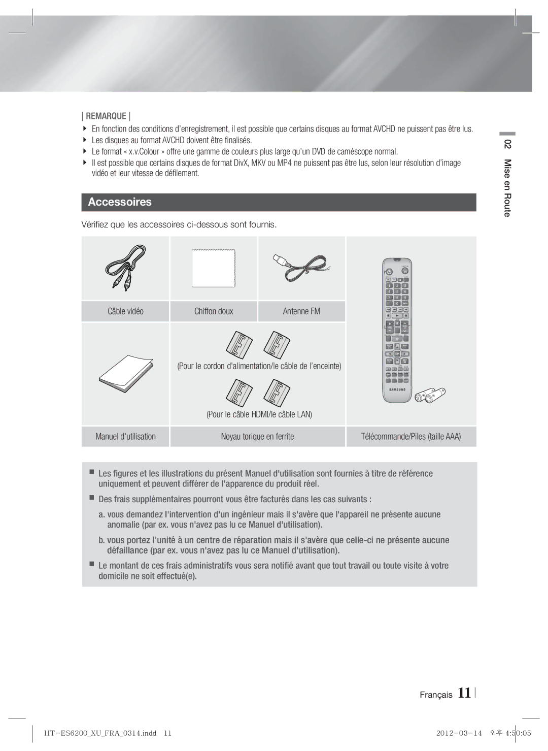 Samsung HT-ES6600/XN manual Accessoires, Vérifiez que les accessoires ci-dessous sont fournis, Chiffon doux Antenne FM 