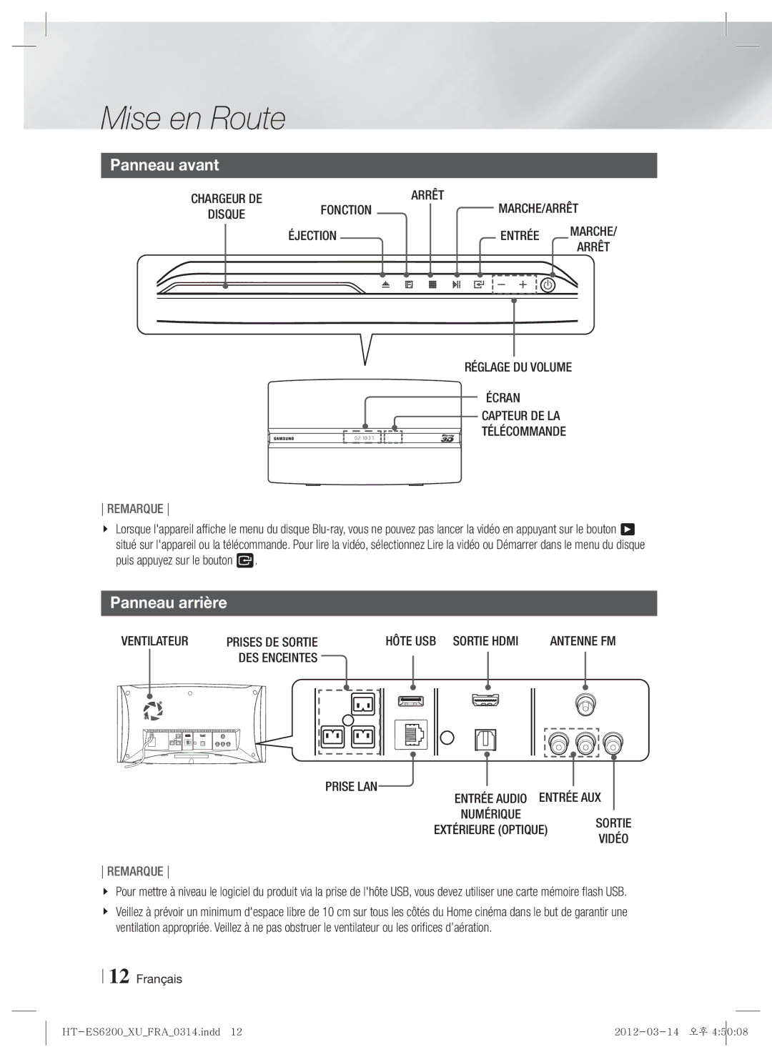 Samsung HT-ES6200/EN, HT-ES6200/XN, HT-ES6600/XN, HT-ES6600/EN, HT-ES6200/ZF, HT-ES6600/ZF manual Panneau avant, Panneau arrière 