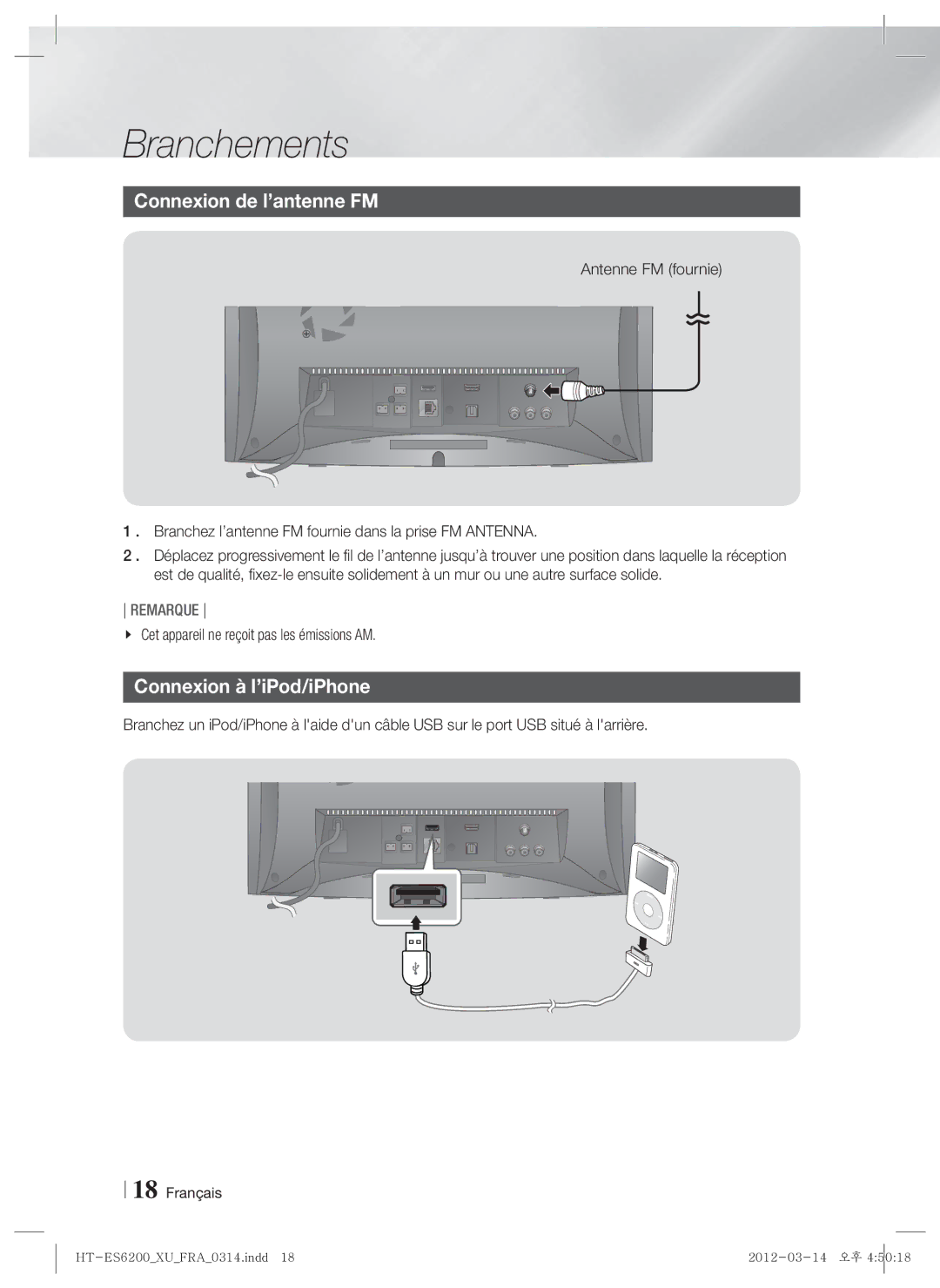 Samsung HT-ES6200/XN Connexion de l’antenne FM, Connexion à l’iPod/iPhone, Cet appareil ne reçoit pas les émissions AM 