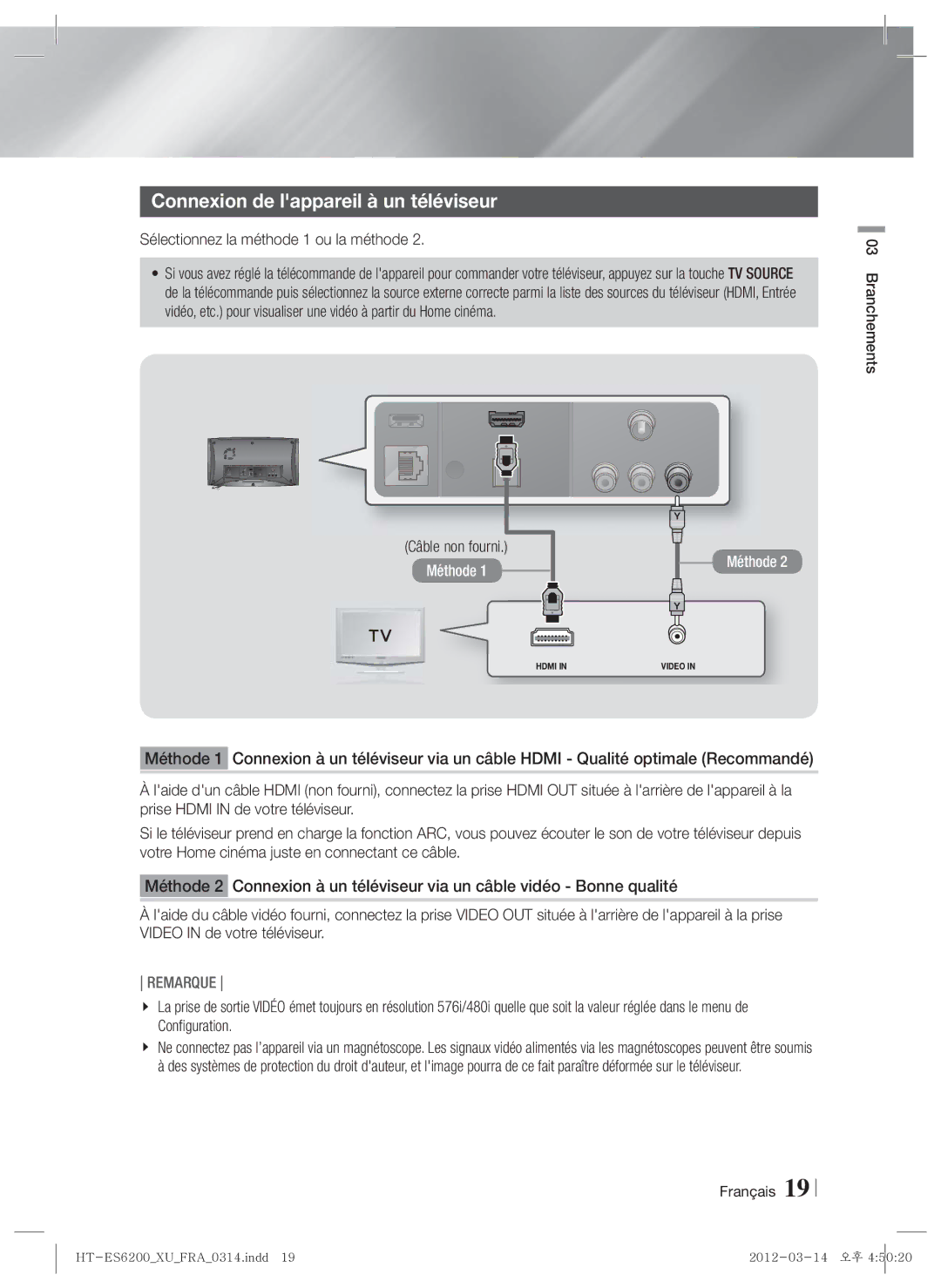 Samsung HT-ES6600/XN, HT-ES6200/XN manual Connexion de lappareil à un téléviseur, Sélectionnez la méthode 1 ou la méthode 