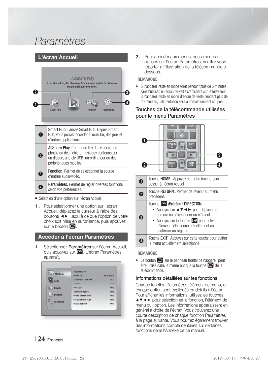 Samsung HT-ES6600/XE, HT-ES6200/XN, HT-ES6600/XN, HT-ES6200/EN, HT-ES6600/EN manual Lécran Accueil, Accéder à lécran Paramètres 