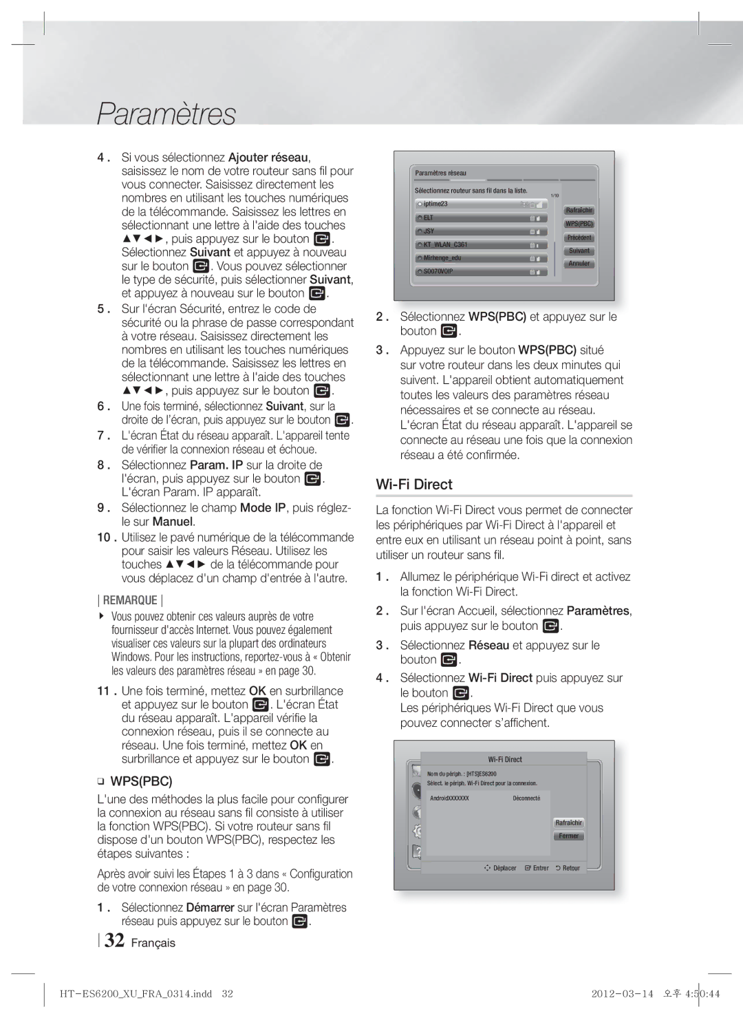 Samsung HT-ES6600/XE, HT-ES6200/XN, HT-ES6600/XN, HT-ES6200/EN Wi-Fi Direct, Sélectionnez Wpspbc et appuyez sur le bouton E 