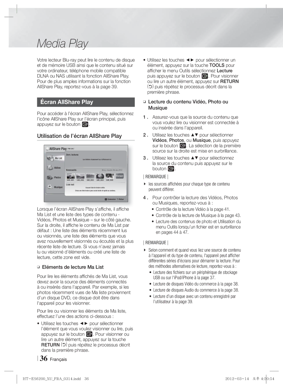 Samsung HT-ES6200/EN, HT-ES6200/XN, HT-ES6600/XN, HT-ES6600/EN Écran AllShare Play, Utilisation de l’écran AllShare Play 