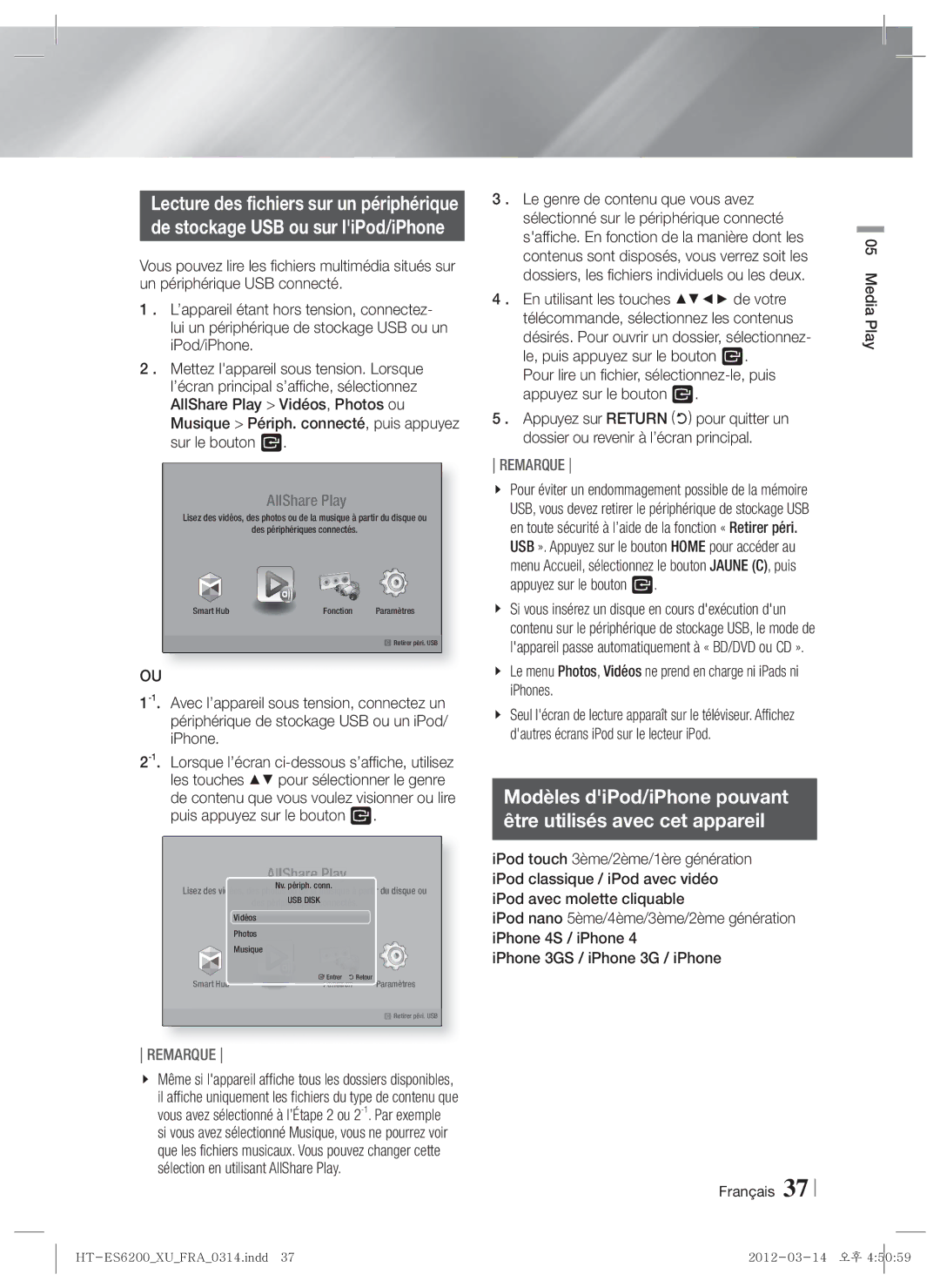 Samsung HT-ES6600/EN, HT-ES6200/XN manual Modèles diPod/iPhone pouvant Être utilisés avec cet appareil, Français Media Play 