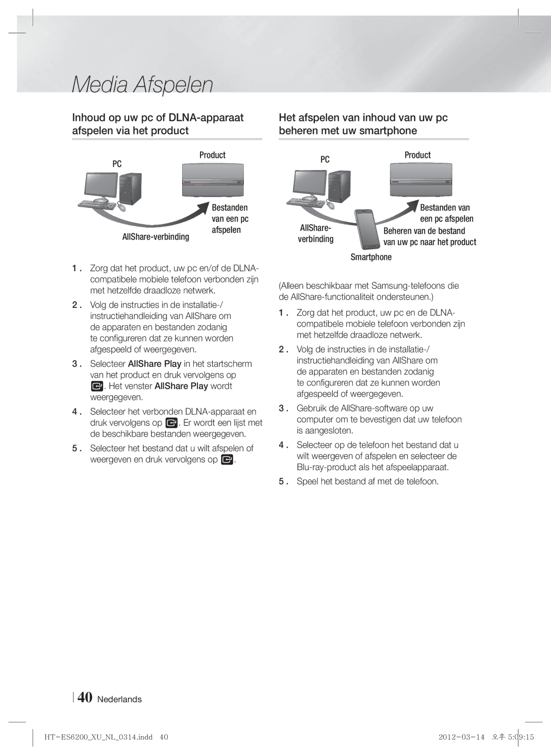 Samsung HT-ES6200/XN manual Product Bestanden Van een pc Afspelen AllShare-verbinding, Speel het bestand af met de telefoon 